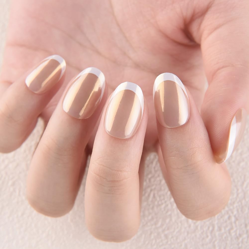 evpct French Tip Press On Nails Short Round Oval No Glue, Nude White Tips, Chrome Glazed Short Round Oval Fake False Press on Nails, Reusable Soft Stick on nail Press ons with Nail Kit, Salon-quality