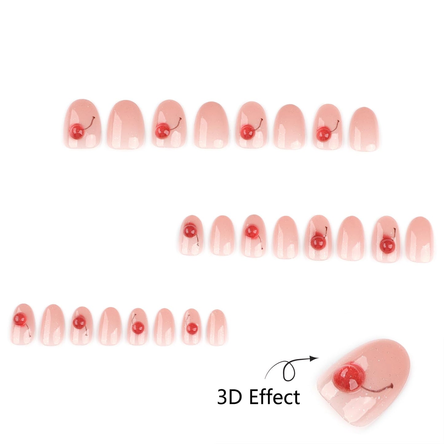 Oval Press On Nails Short – Pink Glitter Jelly Fake Nails with Cherry Accent, Glossy Acrylic Stick On Nails, Reusable 24PCS False Nails Kit with Glue & Tools for Women