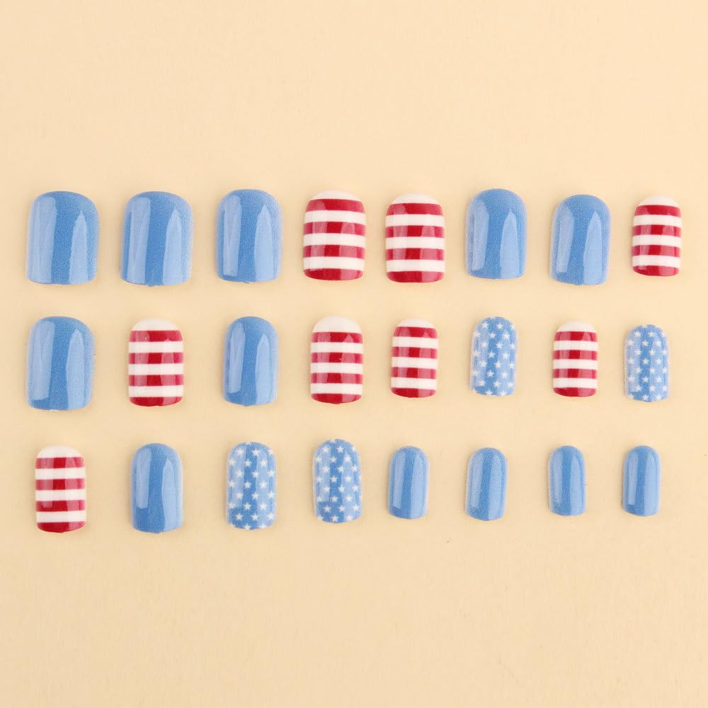 24Pcs Independence Day Press on Nails Short Square Fake Nails Red Blue White Stripes Stars Stick on False Nails Reusable Glossy Acrylic 4th of July Nails Full Cover Glue on Nails for Women Decor