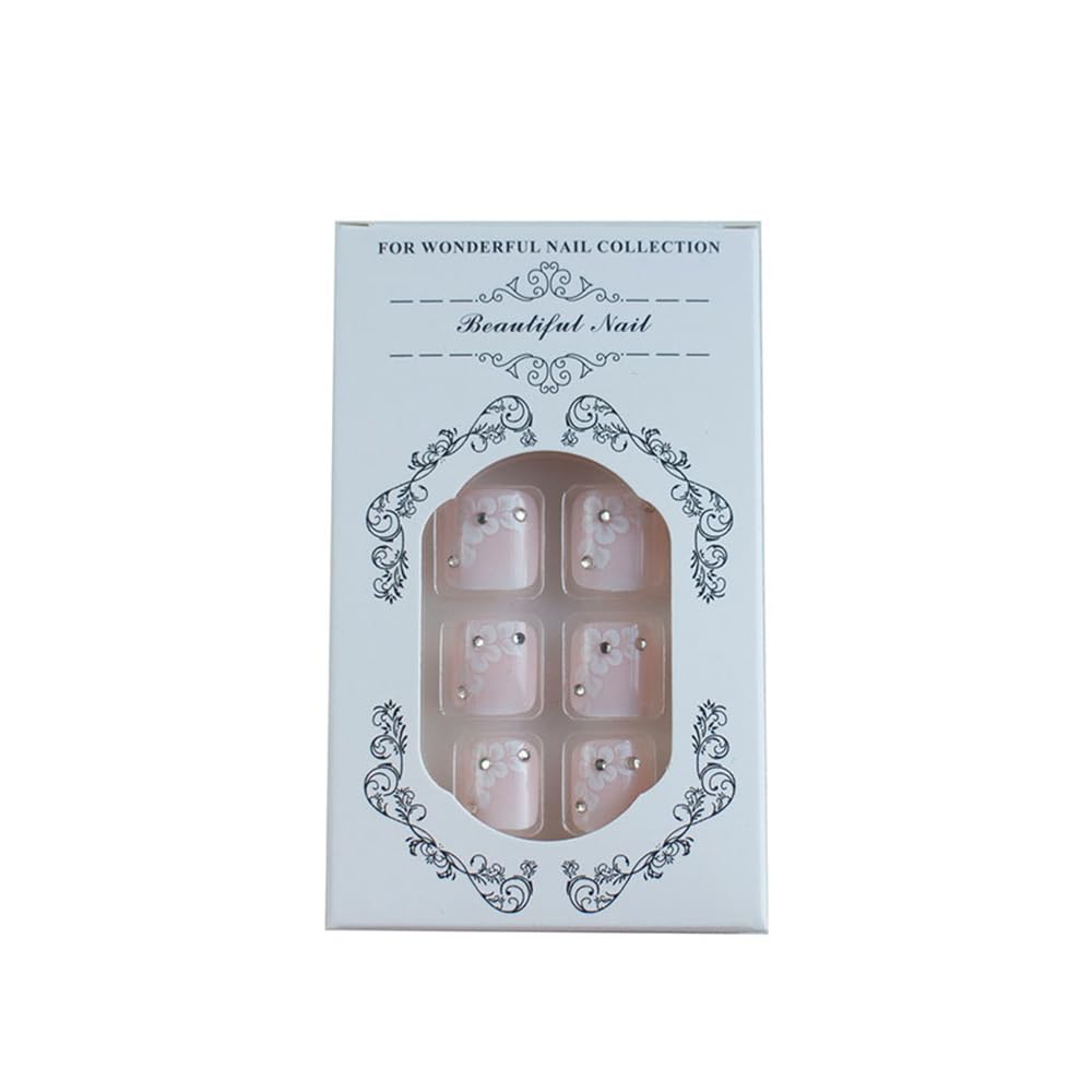 French Tip Press On Toenails, 24 Pcs Short Square Toe Press On Nails with Rhinestone Flower Design, Solid Pink Gradient Full Cover Fake Toenails Glue On Toe Nails Kit for Women-Gradient French Flower