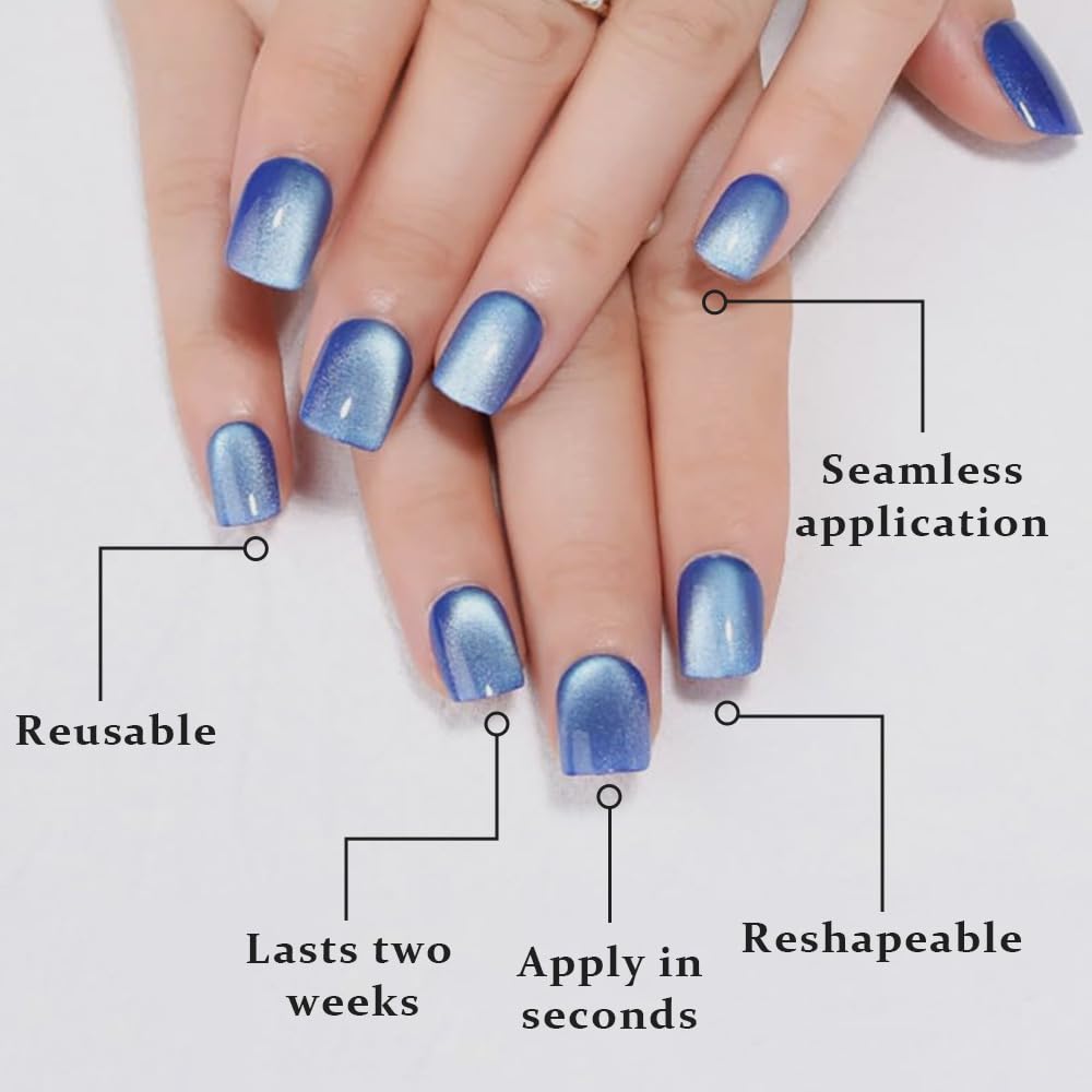 evpct Blue Cat Eye Extra Short Press on Nails Square No Glue, Petite Short Square Stick on Nails for Women, Light Sky Blue Metallic Glitter Glossy Reusable Press on Acrylic Fake Nail with Designs