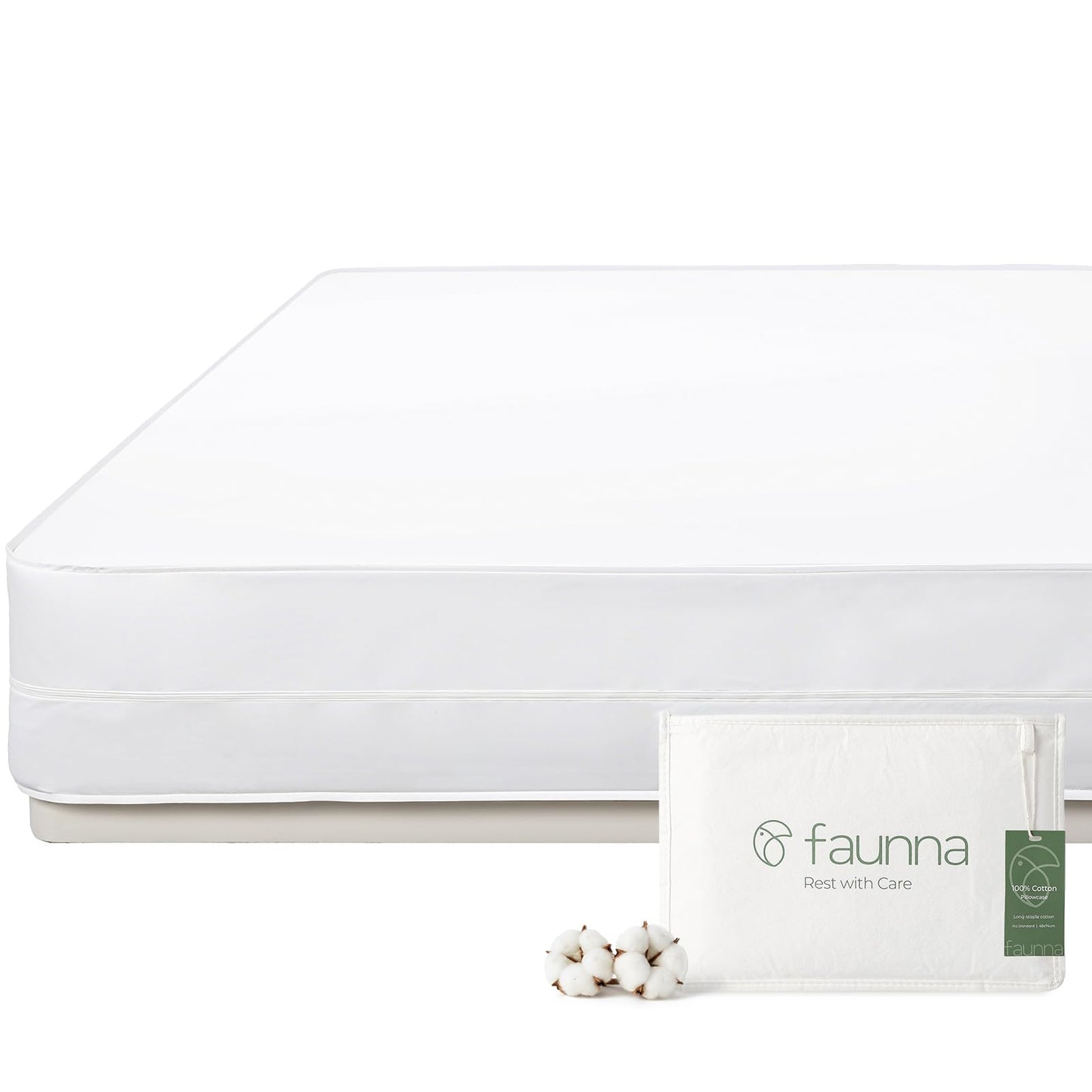 FAUNNA 100% Cotton Mattress Encasement, Zippered Bed Bug and Dust Mite Proof Mattress Protector, Hypoallergenic Antibacterial Protection, Noiseless Zipper Six-Sided Mattress Cover (Queen 12" Deep)
