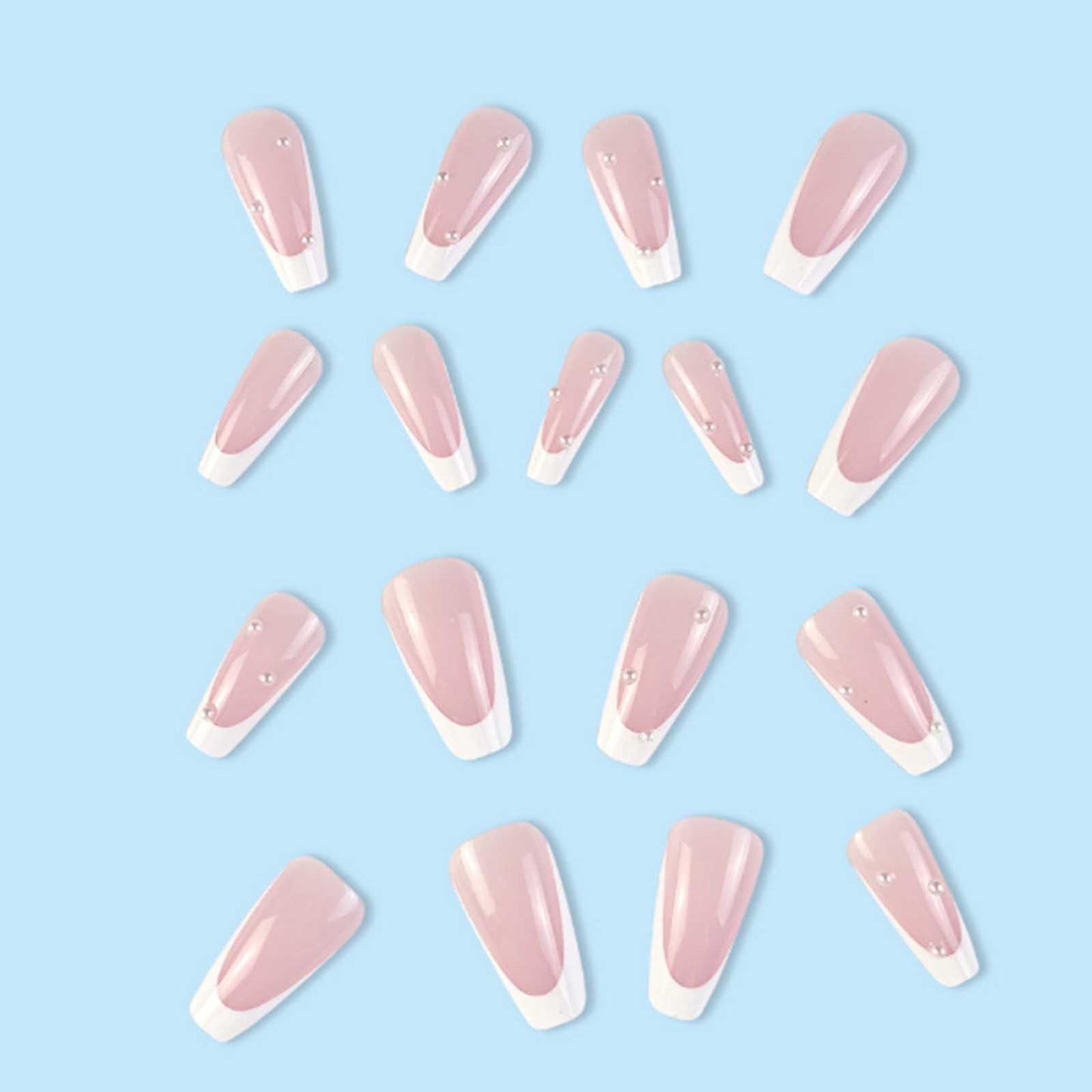 Gifiky White French False Nails Long Coffin Press on Nails Cute Pearls Nails Tips Acrylic Ballerina Fake Nails for Women and Girls 24Pcs