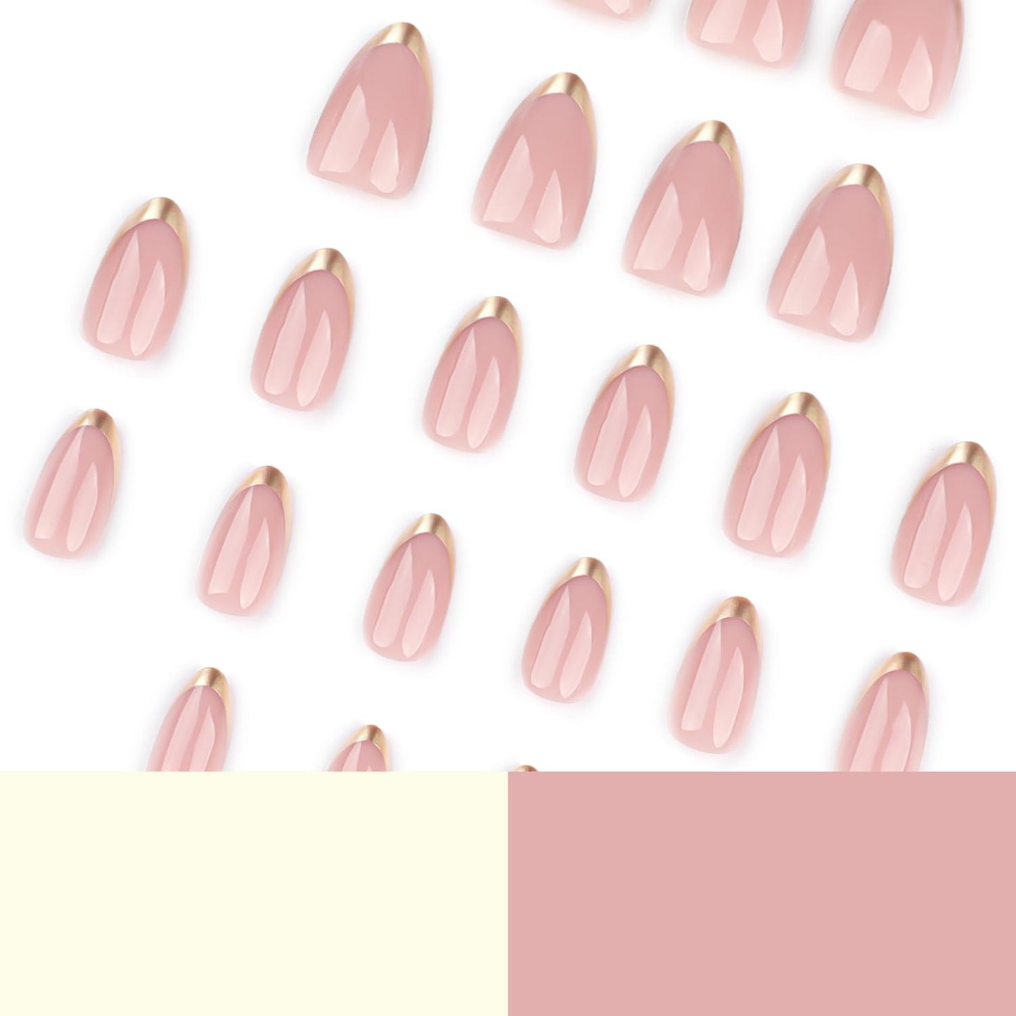 LPOODDNU French Tip Press on Nails Almond Fake Nails Medium False Nails with Gold Tips Design Glue on Nails Glossy Pink Acrylic Nails Press ons Full Cover Stick on Nails for Women Manicure 24Pcs