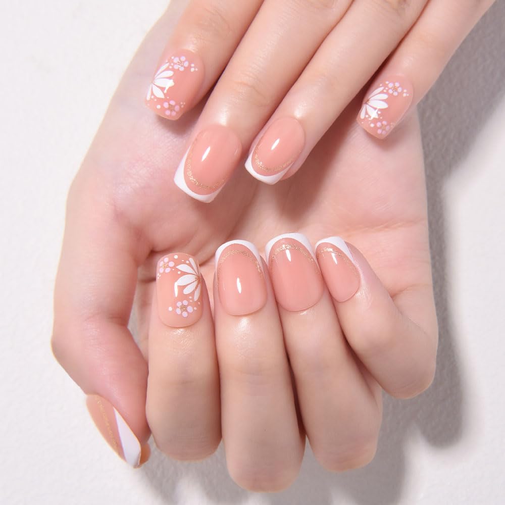 3D French Press on Nails Short Square with Flower Design, Nude Nail + White Tip Glossy Stick on Nails for Women with Kit, Reusable Soft Gel Stick on Fake Nail with Gold Line Designs Perfectly Fit