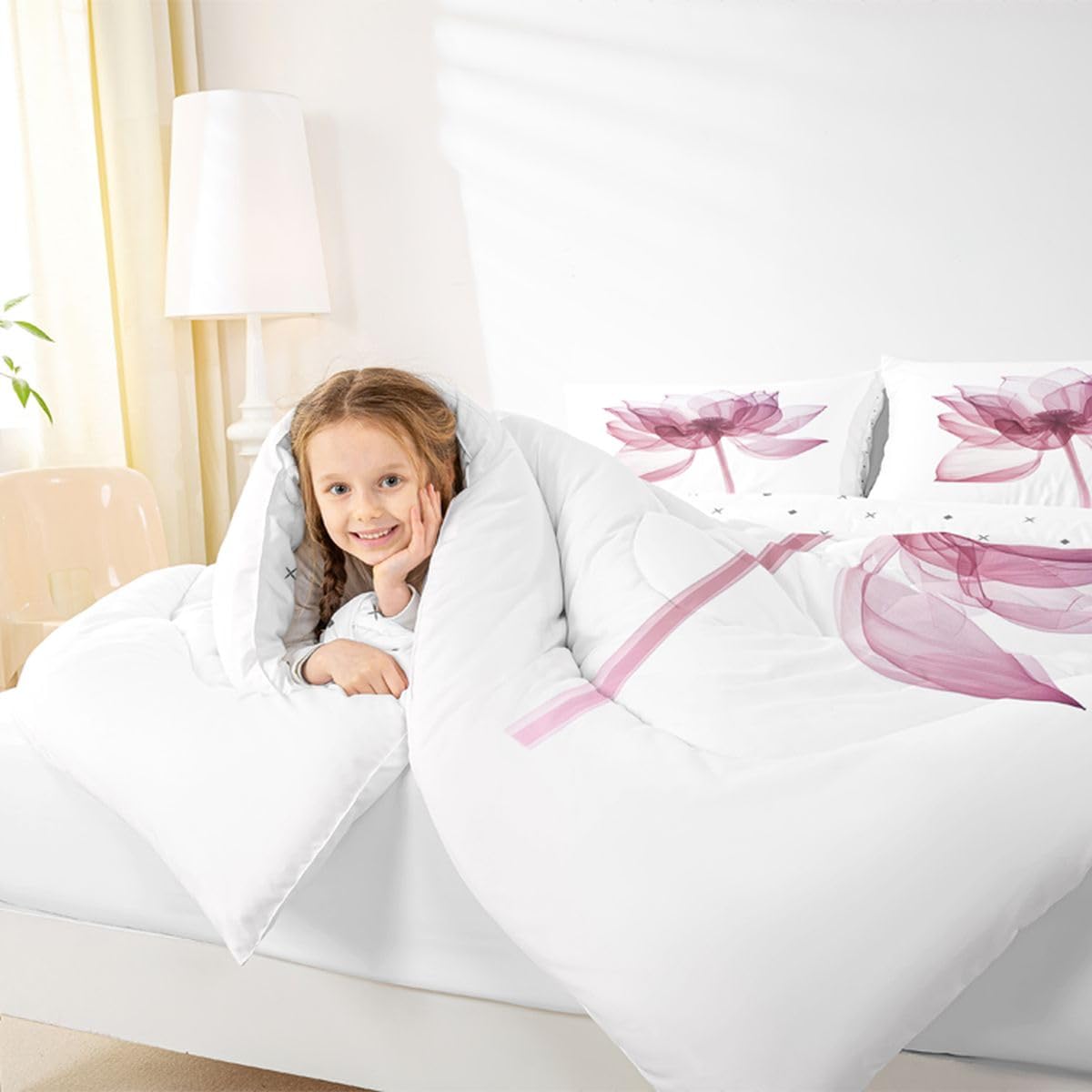 jejeloiu Abstract Floral Kids Comforter Set Toddler Size Modern Art Bedding Set Flower Pink Duvet Quilt for Kids Boys Girls Bedroom Decor Microfiber Ultra Soft Breathable
