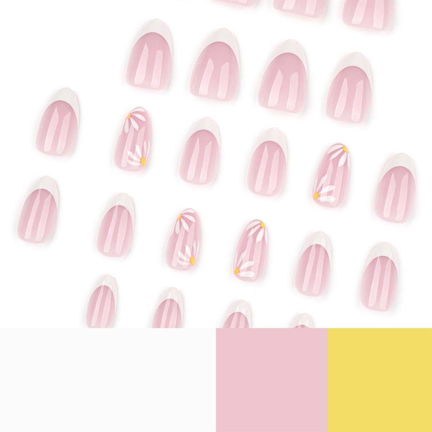 French Tip Press on Nails Short Almond Fake Nails White Stick on Nail with Simple Flower Design Glossy Glue on Nail Women Summer Manicure 24Pcs