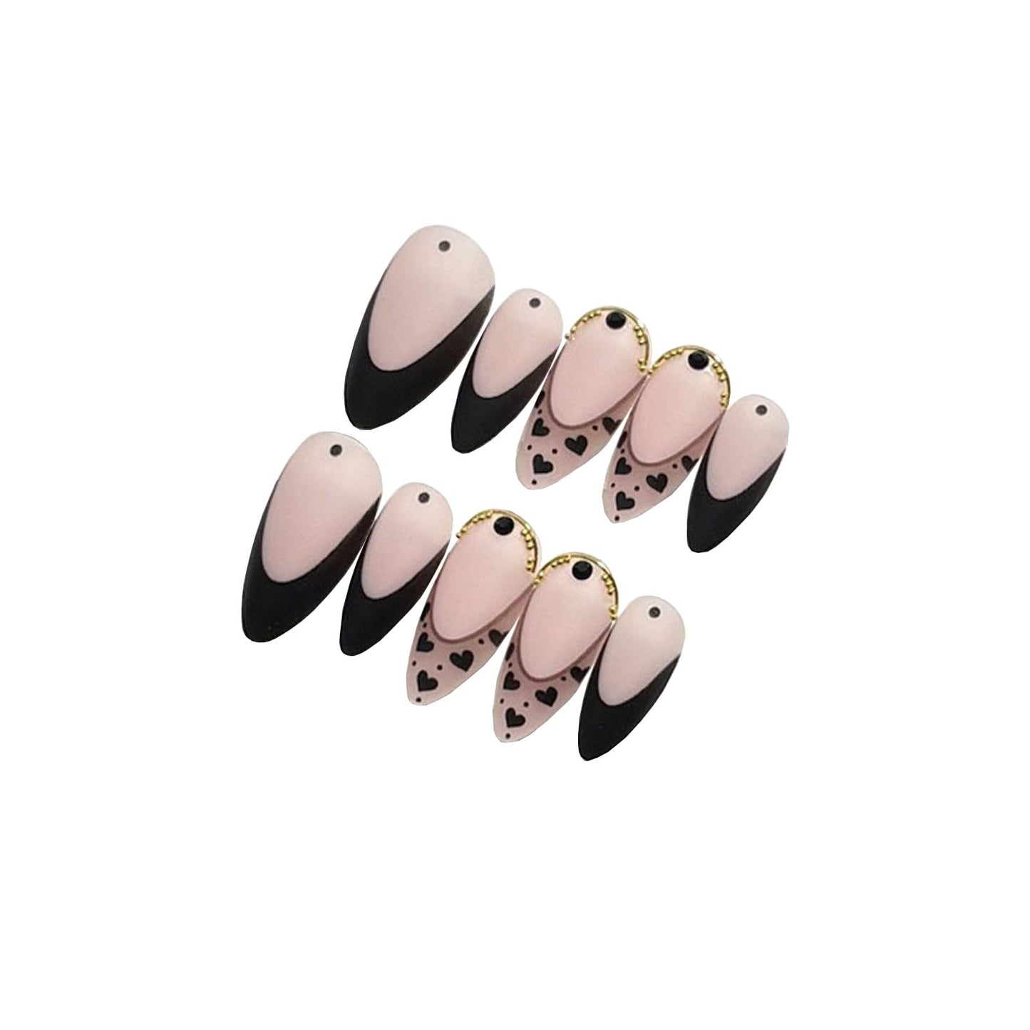 SINHOT French Tip Press on Nails Medium Almond Fake Nails Glossy False Nails Stiletto Glue on Nail with Design Cute Black Graffiti Full Cover Acrylic Nail (24Pcs,1 Glue)