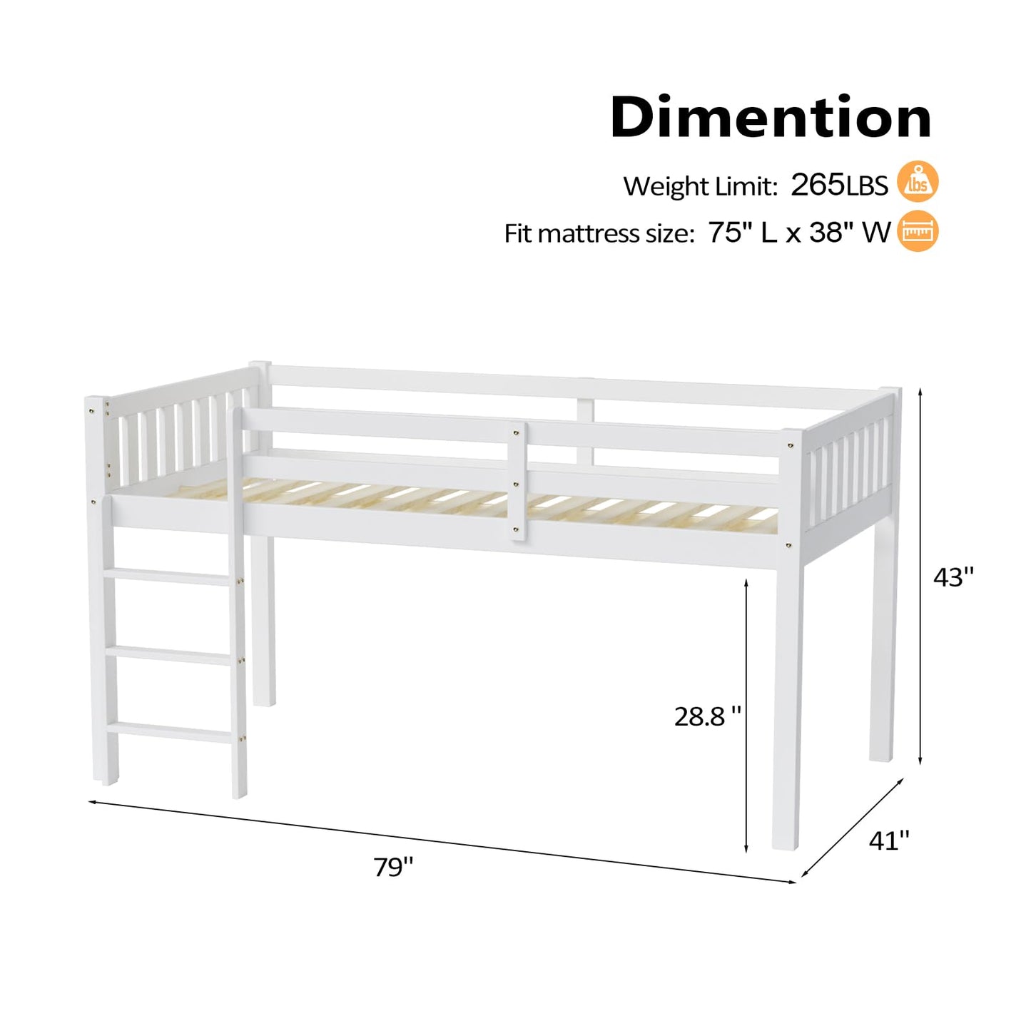 JOYMOR Twin Loft Bed Low Loft Bed Frame for Little Kids Small Room/Low Ceiling Bedrrom with Guardrail and Ladder, White