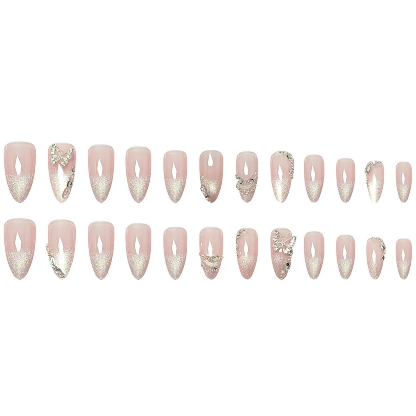 Medium Press on Nails Almond Fake Nails Ombre French Tip Artificial Nail Cute with Butterfly Designs Stick on Nail for Women 24pcs