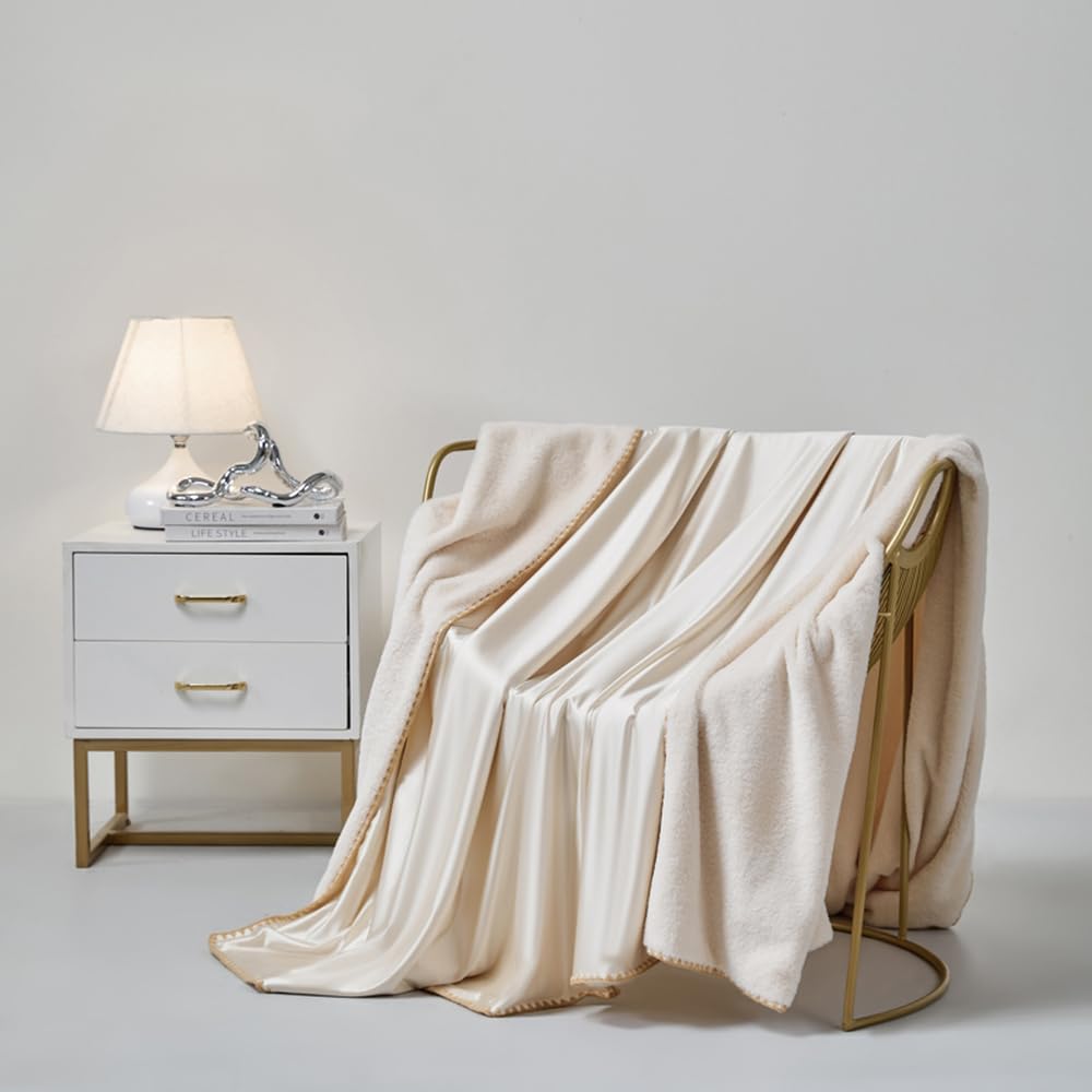 Double-Sided Usable,Ice Silk &Faux Fur Cooling Blanket,Lightweight,Soft Throw Blanket,Ideal for Couch and Bed,Suitable for All Seasons, for Women,Men (Beige&Apricot, 50 * 60)