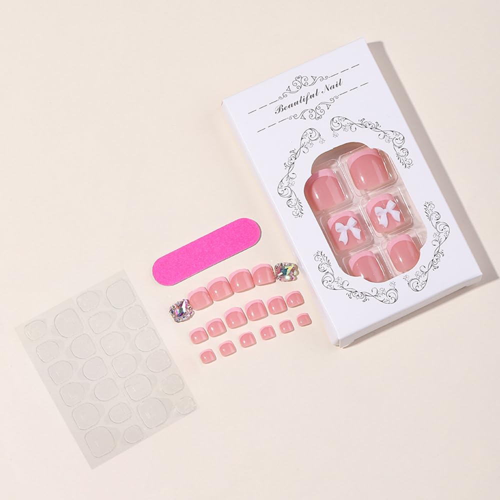 24Pcs Pink French Tip Press on Toenails Full Cover Short False Toenails with 3D Bow Charms Design Glossy Square Acrylic Toenails Diamond Toe Nail Tips Glue on Toenails for Women and Girls Toenail Art