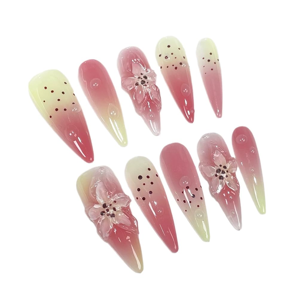 Handmade Press on Nails Long Stiletto Fake Nails French Tip Leopard print with 3D Flower Designs Pink Glossy Cute Acrylic Nails for Women 10pcs (Size M）