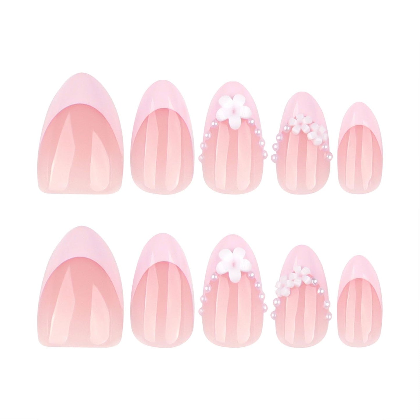 French Tip Press on Nails Short False Nails Nude Pink 3D Pearl Flower Design Stick on Nails Full Cover Reusable False Nail for Women 24 Pcs