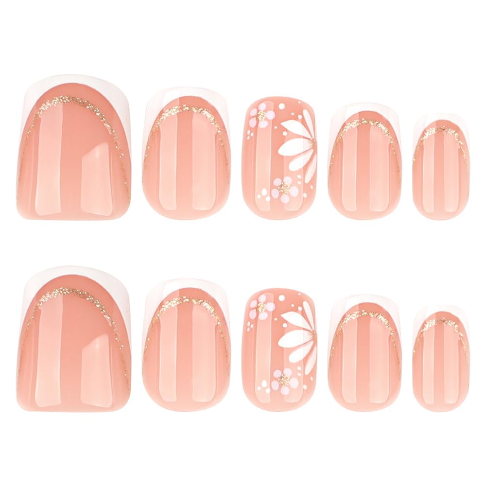 3D French Press on Nails Short Square with Flower Design, Nude Nail + White Tip Glossy Stick on Nails for Women with Kit, Reusable Soft Gel Stick on Fake Nail with Gold Line Designs Perfectly Fit