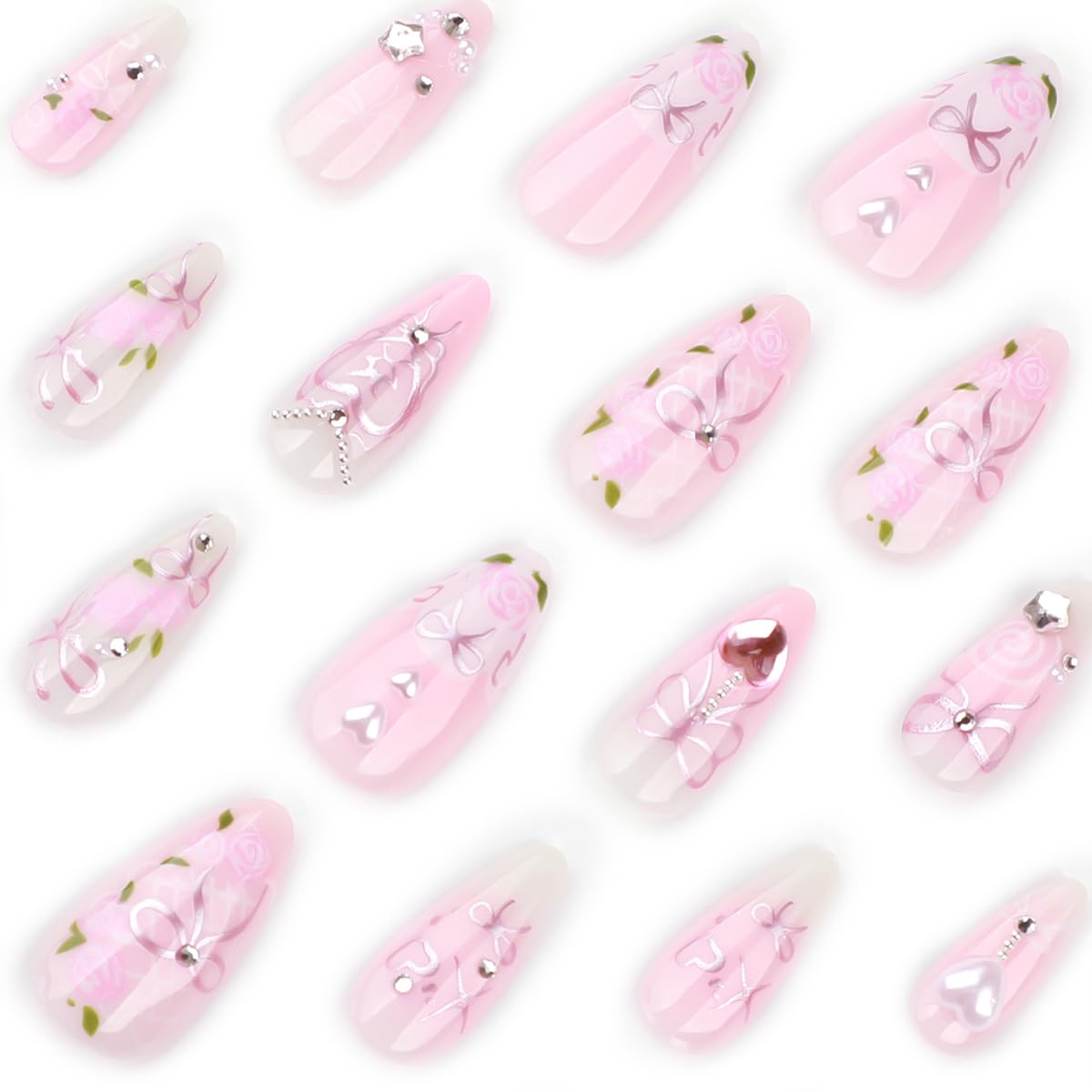 24Pcs Almond Press on Nails Medium Luxury Pink Fake Nails with 3D Heart Pearl Star Rhinestones Gems Designs White Gradient Bow Rose Flower Stick on Nails Full Cover Glue on Nails for Women