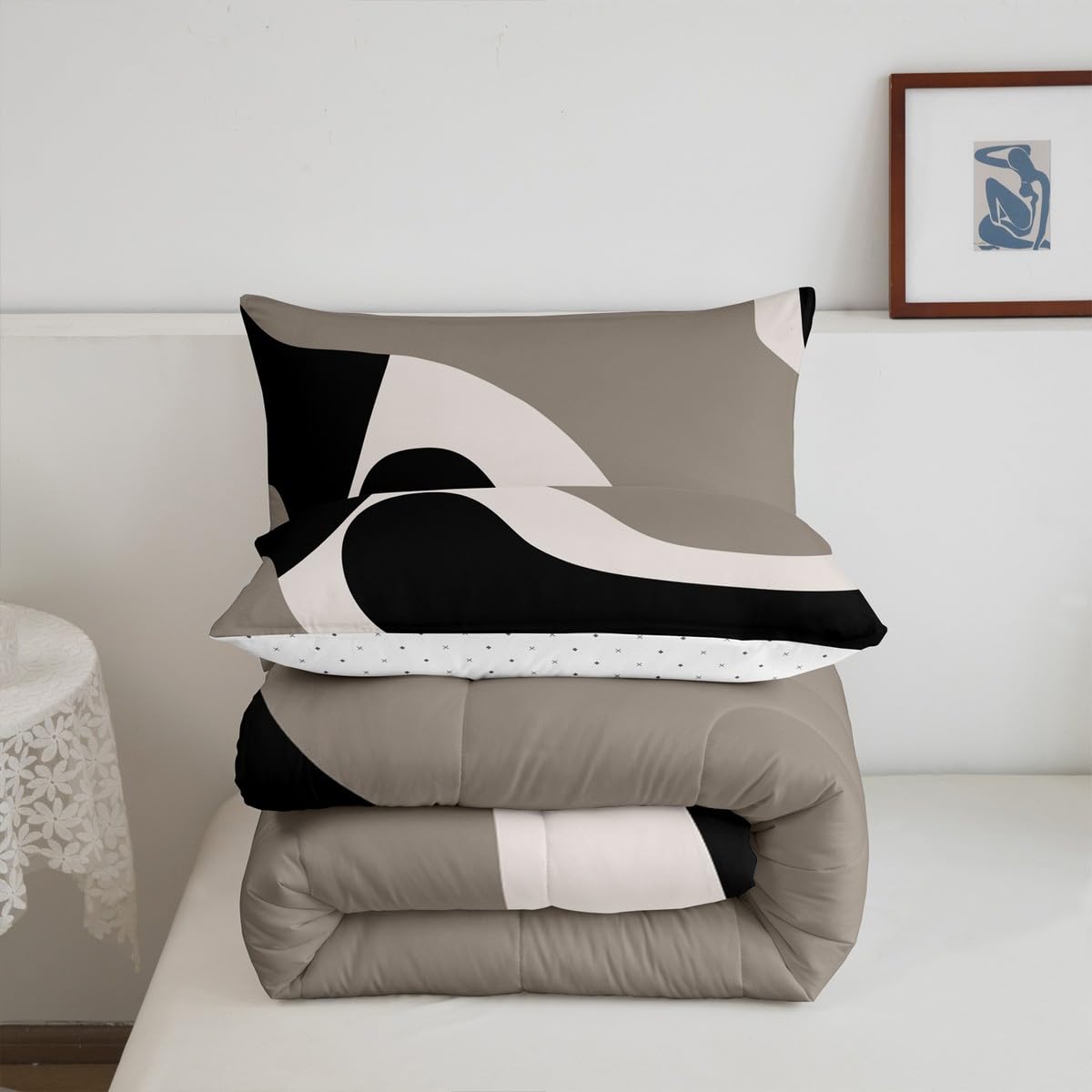 Erosebridal Black Beige Striped Comforter Set Queen Size,Boho Modern Geometric Abstract Bedding for Women Men Adults, Stripes Bold Lines Quilt,Minimalist Stylish Art Bedding Comforter Sets