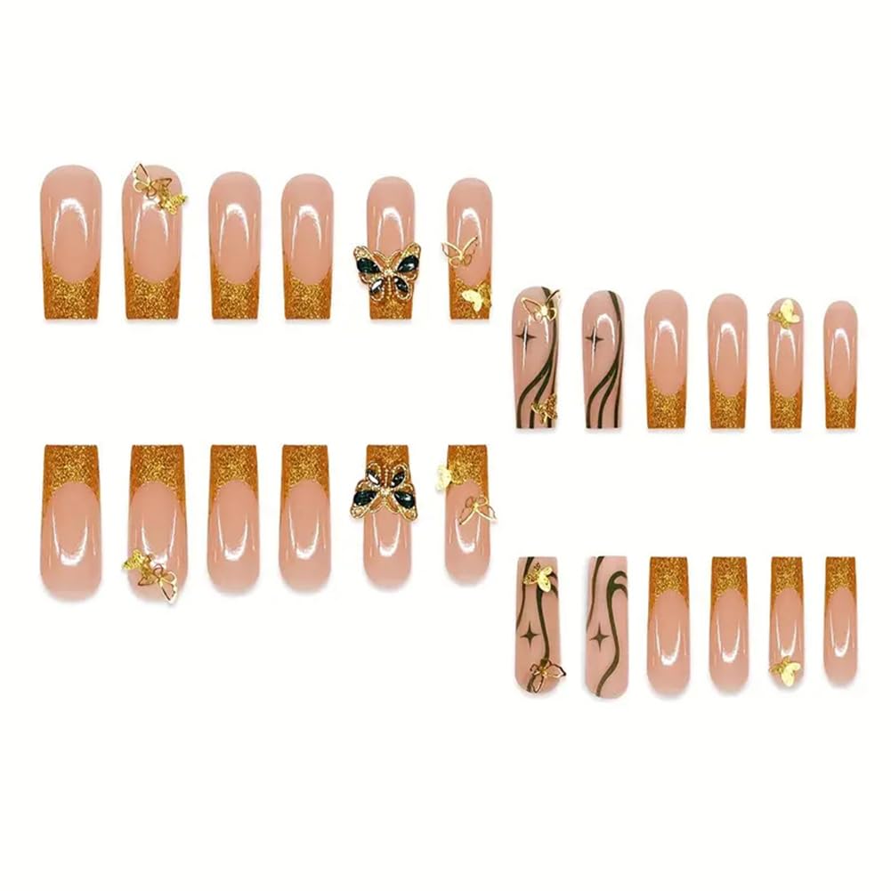 Hrnsnails French Tip Press On Nails Long Square Girls Fake Nails with 3D Butterfl Handmade High-end Design, Acrylic Artificial False Nails Press ons Stick On Nails for Women