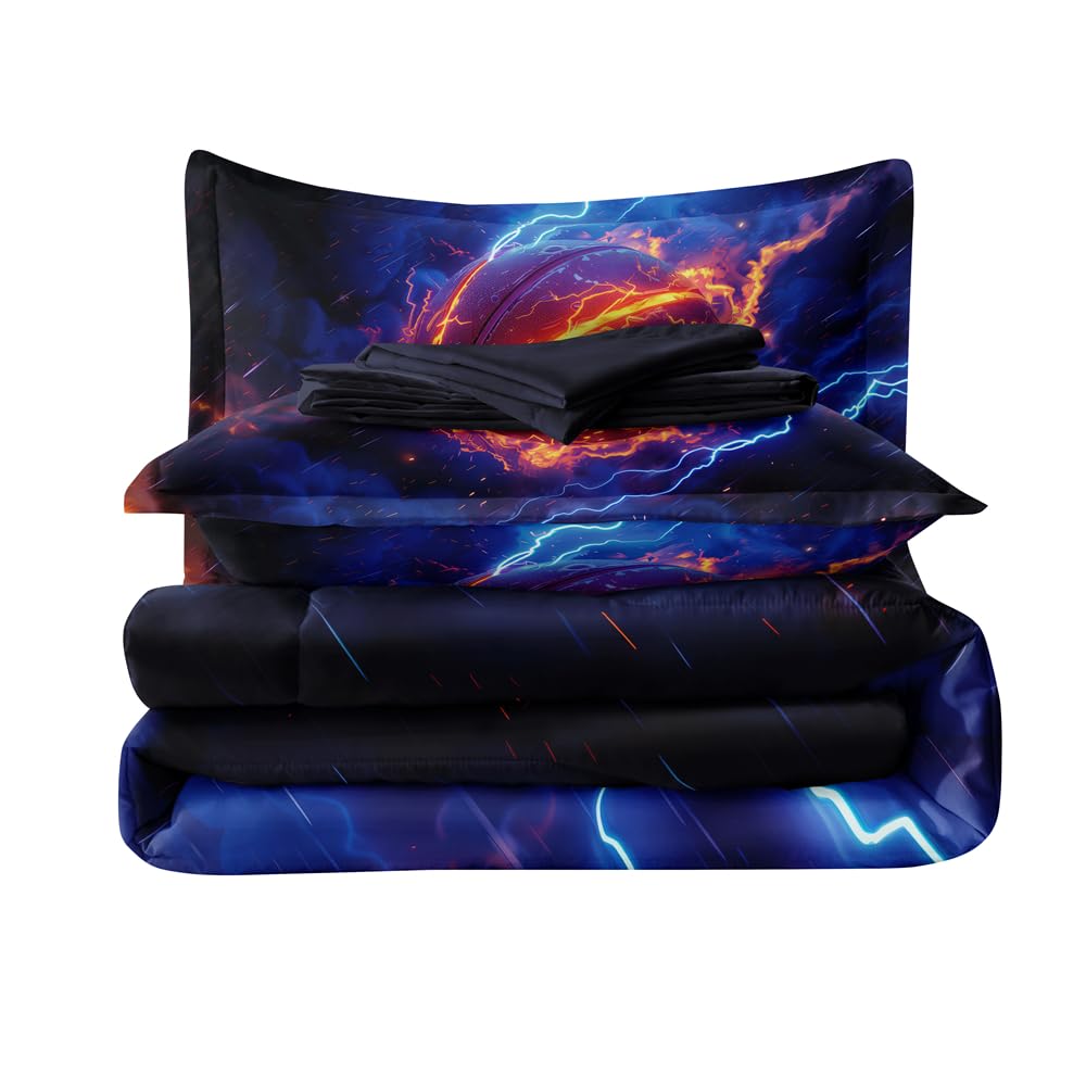 RUPSLO 5 Pieces Basketball Comforter BeddingTwin,Fire and Ice Basketball Theme Sports Comforter Set Twin,Boys Basketball Bed Set with Sheets(Blue)