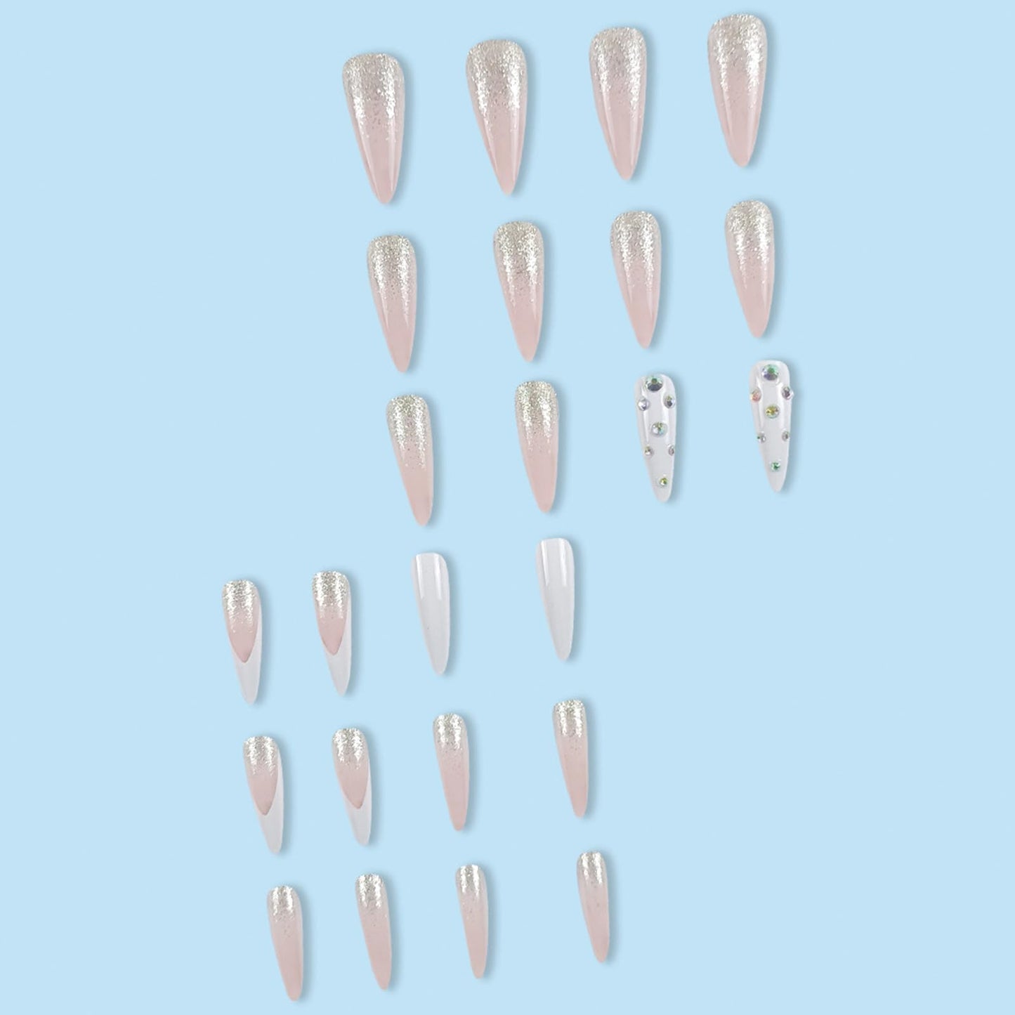 SINHOT Rhinestones Long Stiletto Fake Nails - Glossy Glue on White French Tip Acrylic Pink Almond Artificial Sparkly Glitter Stick on False Nails with Design 24 pcs
