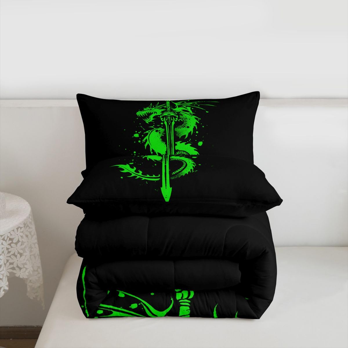 jejeloiu Fairy Dragon Kids Comforter Set Toddler Size Mysterious Western Wlidlife Bedding Set Sword Green Duvet Quilt for Kids Boys Girls Bedroom Decor Microfiber Ultra Soft Breathable