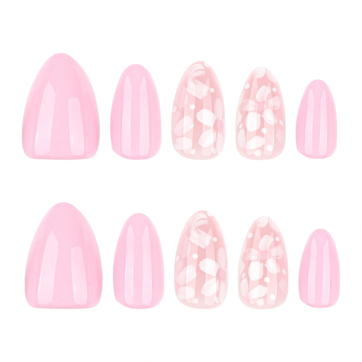 Almond Press on Nails Short Fake Nails Pink Flower Polka Dot Design Stick on Nails Summer Full Cover Reusable False Nail for Women 24Pcs