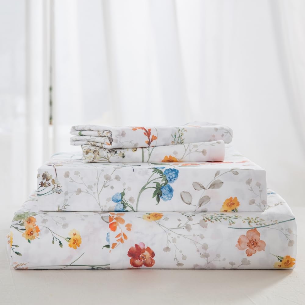 DAUAOTO Queen Size Printed Sheets Set, 100% Cotton Bedding Sets, Up to 14" Deep Mattress, Vintage Farmhouse Pattern Bedlinen Set, Botanical Garden