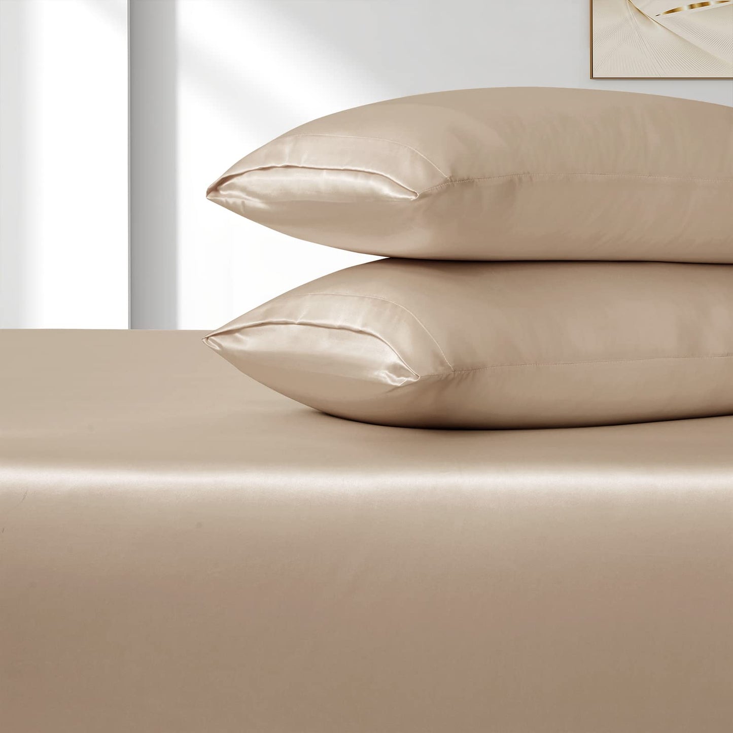 VACVELT 3pcs Extra Deep Pocket Satin Fitted Sheet Set Queen Bed Set, Beige Bottom Sheet Fit 18-24 Inch Deep Pocket Mattress, Silky Bedding Set Soft & Ultra Deep Fitted Sheet & 2 Pillowcase
