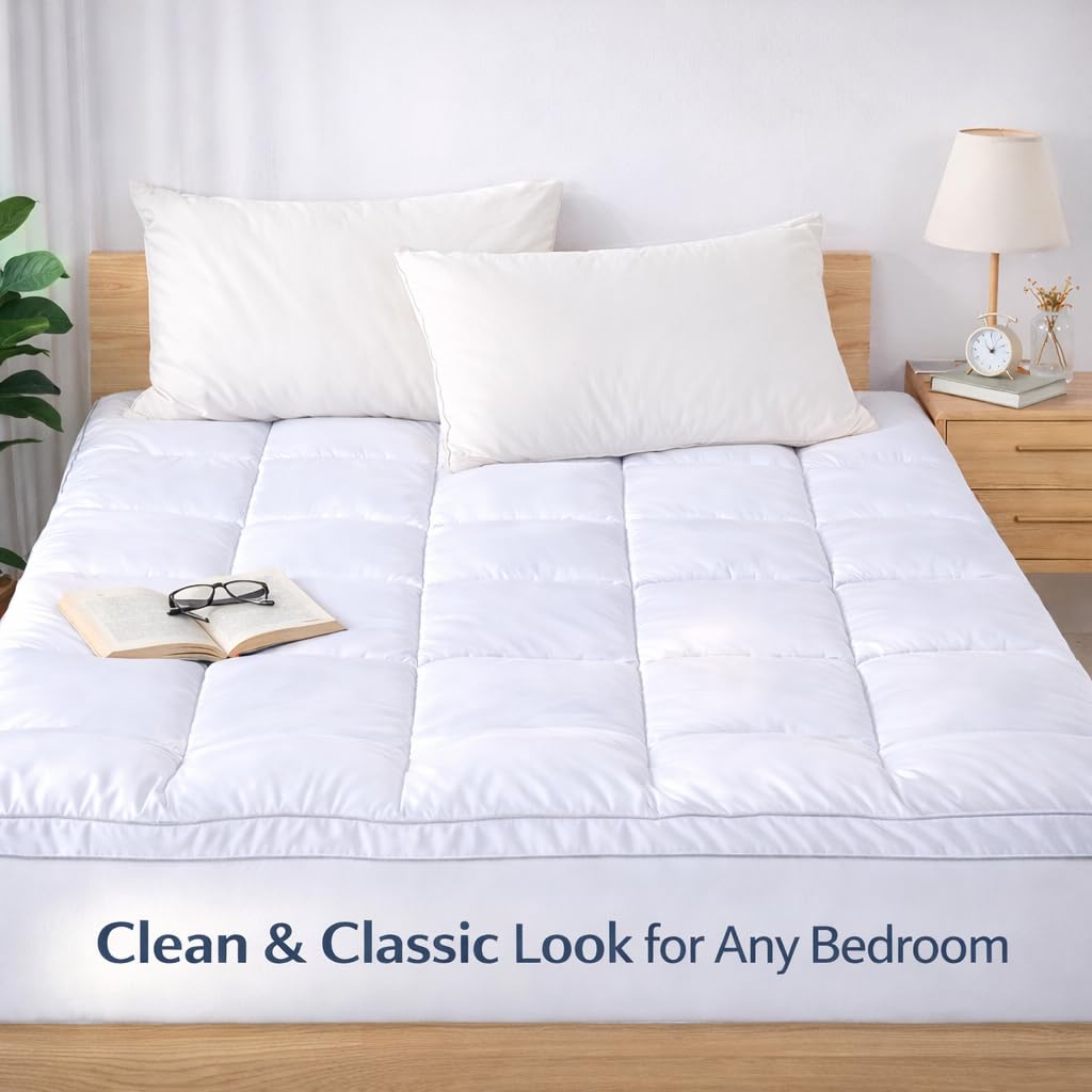 EVOLIVE Mattress Pad Cover Queen, Quilted Pillow Top Mattress Protector, Soft Microfiber Fitted Mattress Topper, Deep Pocket 8-18 Inch, Machine Washable (King 80"x78"x2" Inches, White)