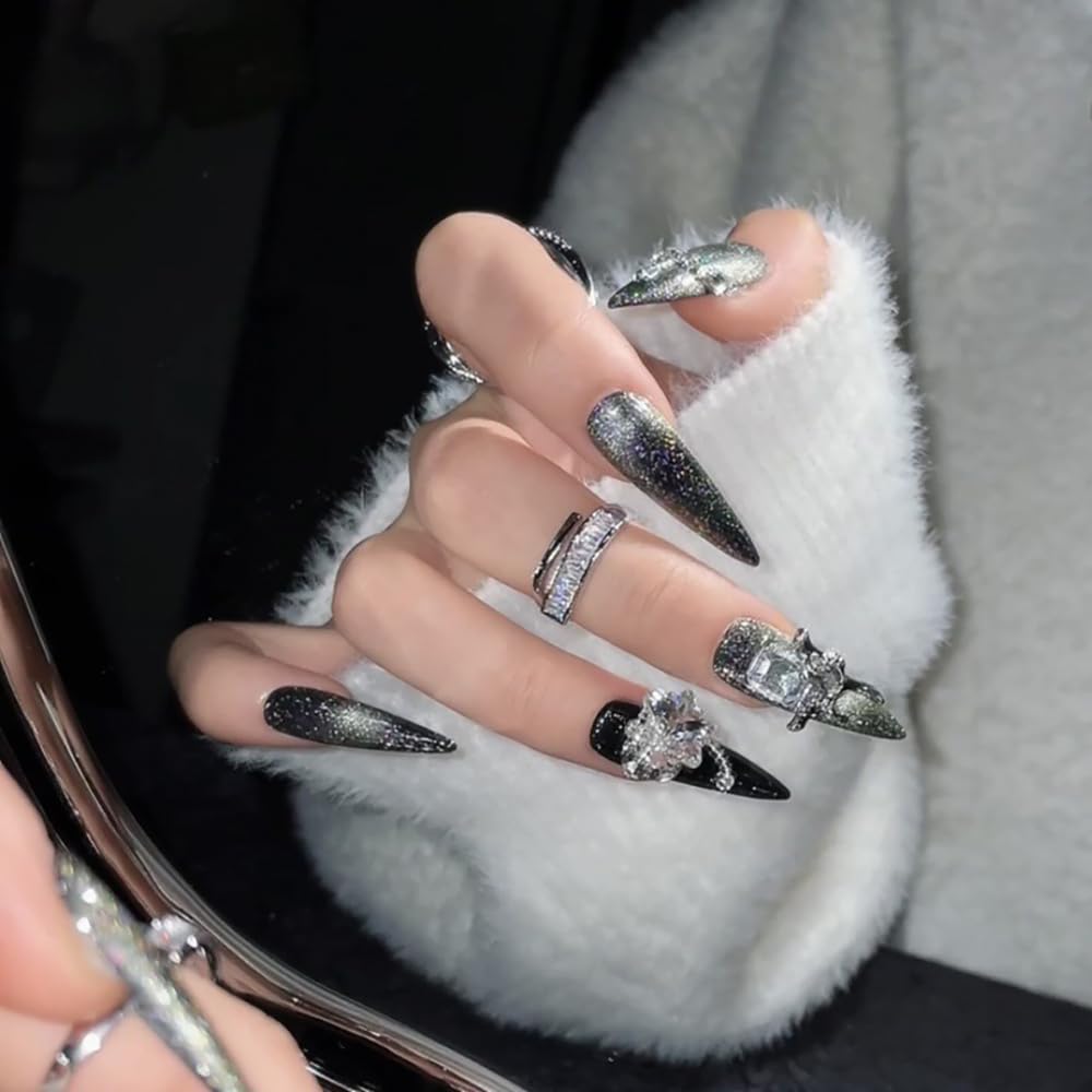 JIEADJIE Press On Nails (100% Handmade),Length Version,Handmade Painted Nail Art by Nail Technician,Luxury Party and Holiday Styles (Black Flash Silver, Small)