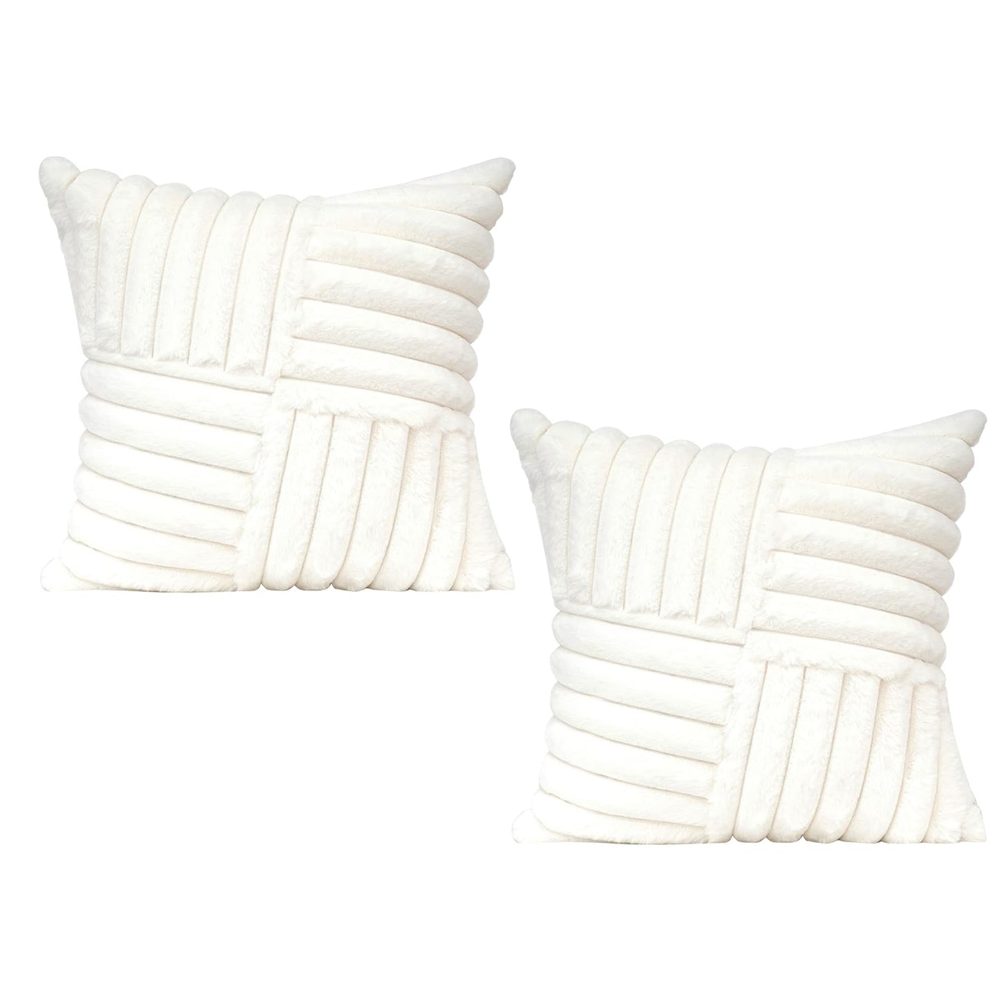 All Smiles Couch Decorative Spring Throw Pillow Covers 18x18 Set of 2 Faux Fur Plush Soft Fluffy Velvet Cushion Case Cozy Fuzzy Striped Pillowcase Home Decor for Bed Sofa Living Room,Cream White