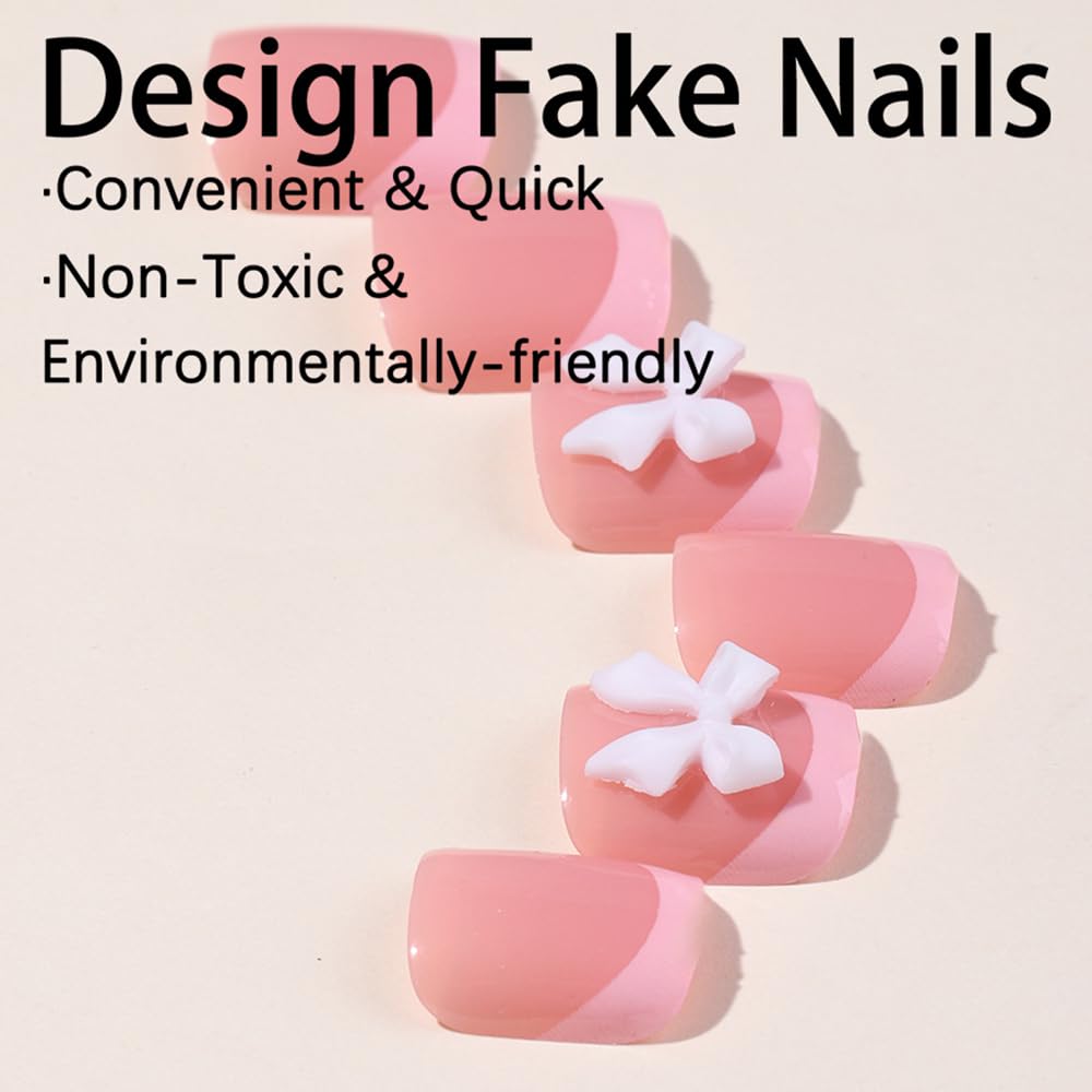 24Pcs Pink French Tip Press on Toenails Full Cover Short False Toenails with 3D Bow Charms Design Glossy Square Acrylic Toenails Diamond Toe Nail Tips Glue on Toenails for Women and Girls Toenail Art