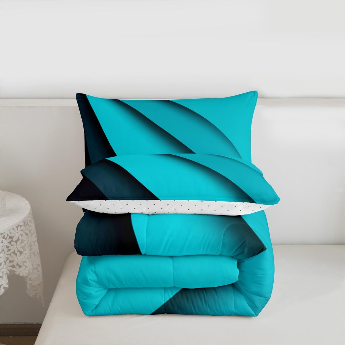 jejeloiu Geometric Bedding Set Full Blue Black Abstract Stripes Comforter Set for Kids Abstract Art Comforter Women Men Teens Soft Lines Decor Quilt Boys
