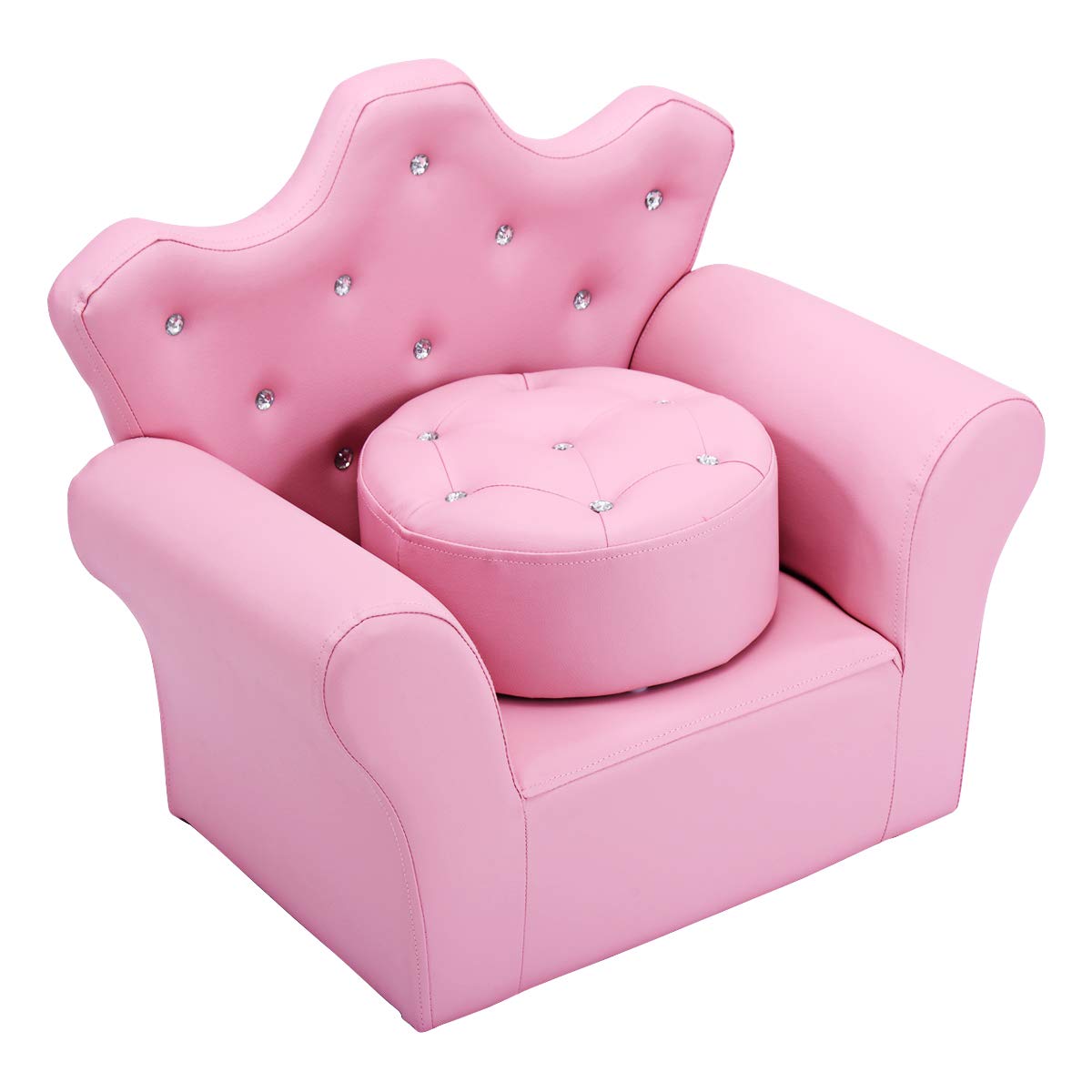 Costzon Kids Sofa, Children Upholstered Sofa with Ottoman, Princess Sofa with Diamond Decoration, Ottoman, Smooth PVC Leather Toddler Chair, Kids Pink Couch for Preschool Boys and Girls Gift (Pink)