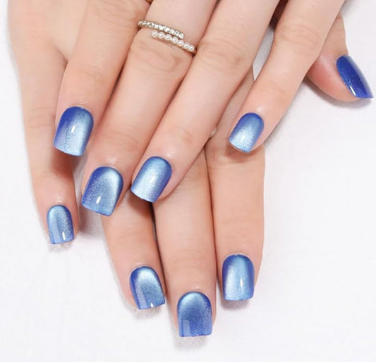 evpct Blue Cat Eye Extra Short Press on Nails Square No Glue, Petite Short Square Stick on Nails for Women, Light Sky Blue Metallic Glitter Glossy Reusable Press on Acrylic Fake Nail with Designs