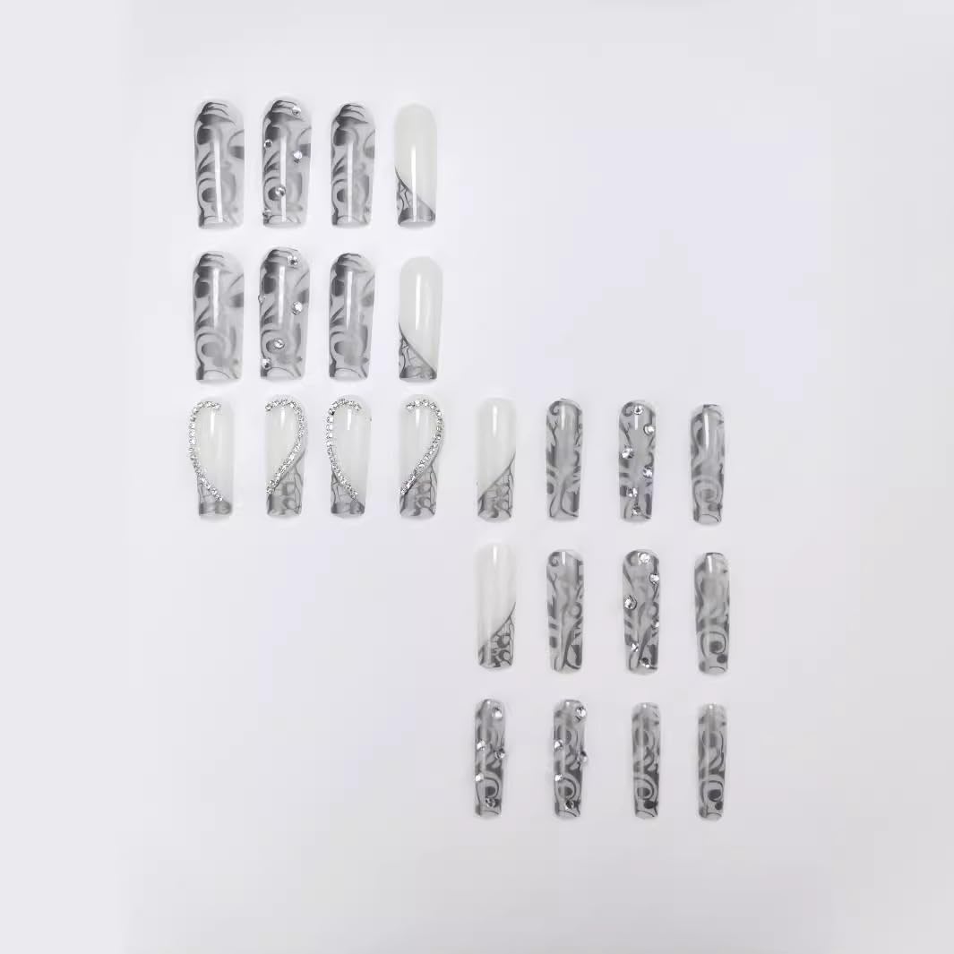 Long Press on Nails Square - Silver French Tip Fake Nails with Heart Design - Rhinestone, Elegant Full Cover Stick on False Nails - for Women 24 Pcs