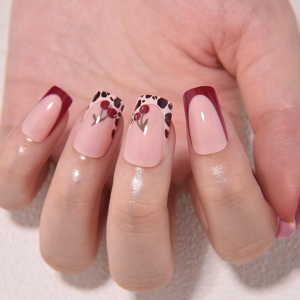 evpct Spring & Summer Press on Nails Medium Square No Glue, Cherry Fake Nails Press ons with 3D Pattern Design, Light Weight Perfectly Fit Fake Nails for Women Gift, Fake Nail Kit with Kits, 24Pcs