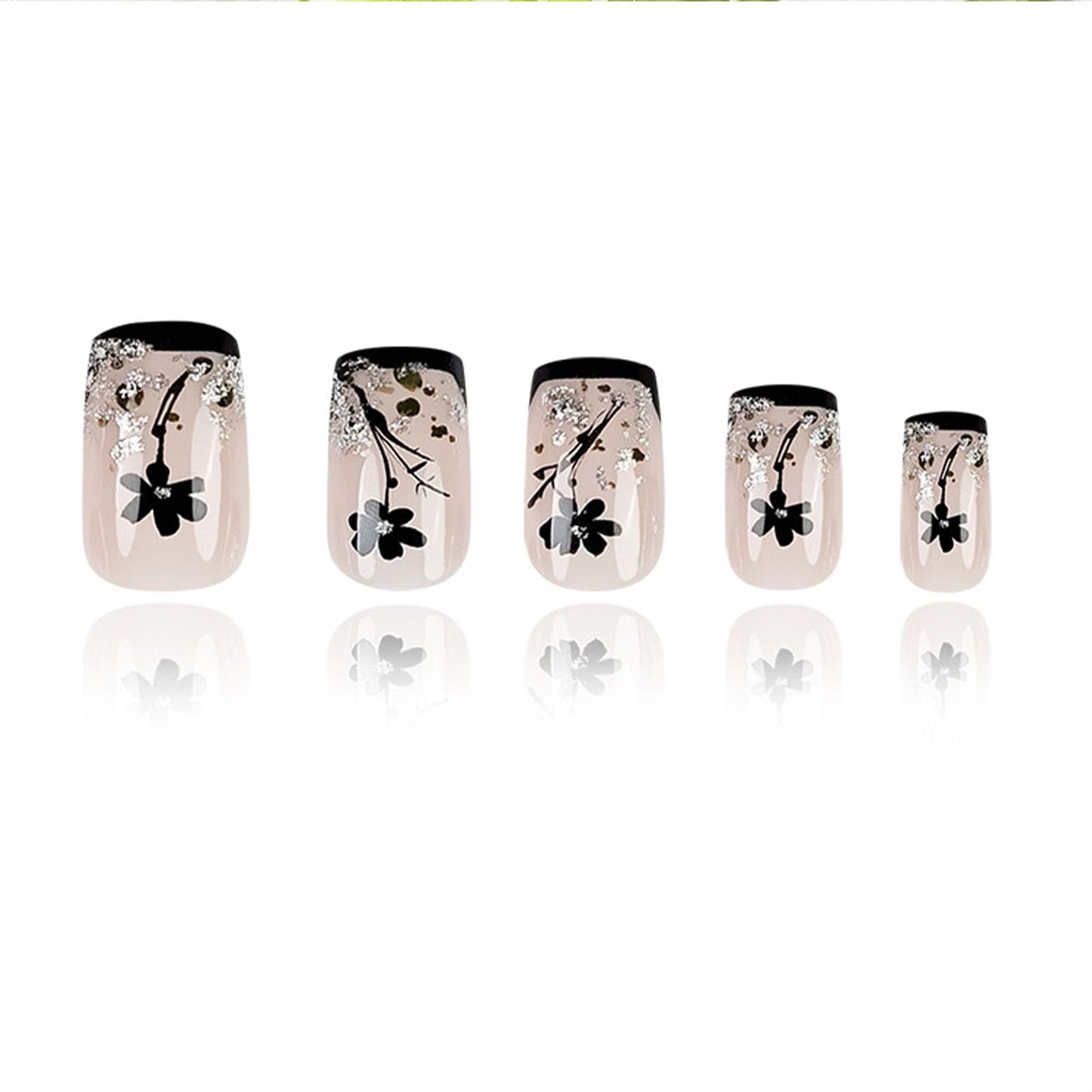 Medium Press on Nails Square Black French Tip Nails Press ons with Silver Glitter Design Black Flower Glue on Nails Acrylic Full Cover Fake Nails Glossy Artificial False Nails for Women 24Pcs