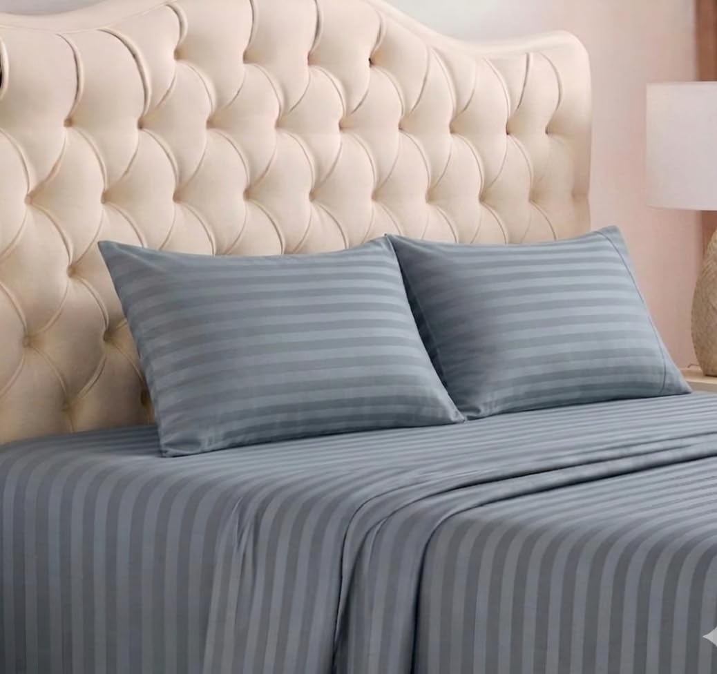 SHAC HOMES Queen Sheet Set 4 Piece – Oeko-TEX Certified, Soft Brushed Microfiber, Deep Pocket 8"–12", Wrinkle & Fade Resistant, Breathable Cooling Sheets, Hotel Dobby Stripe – Light Gray