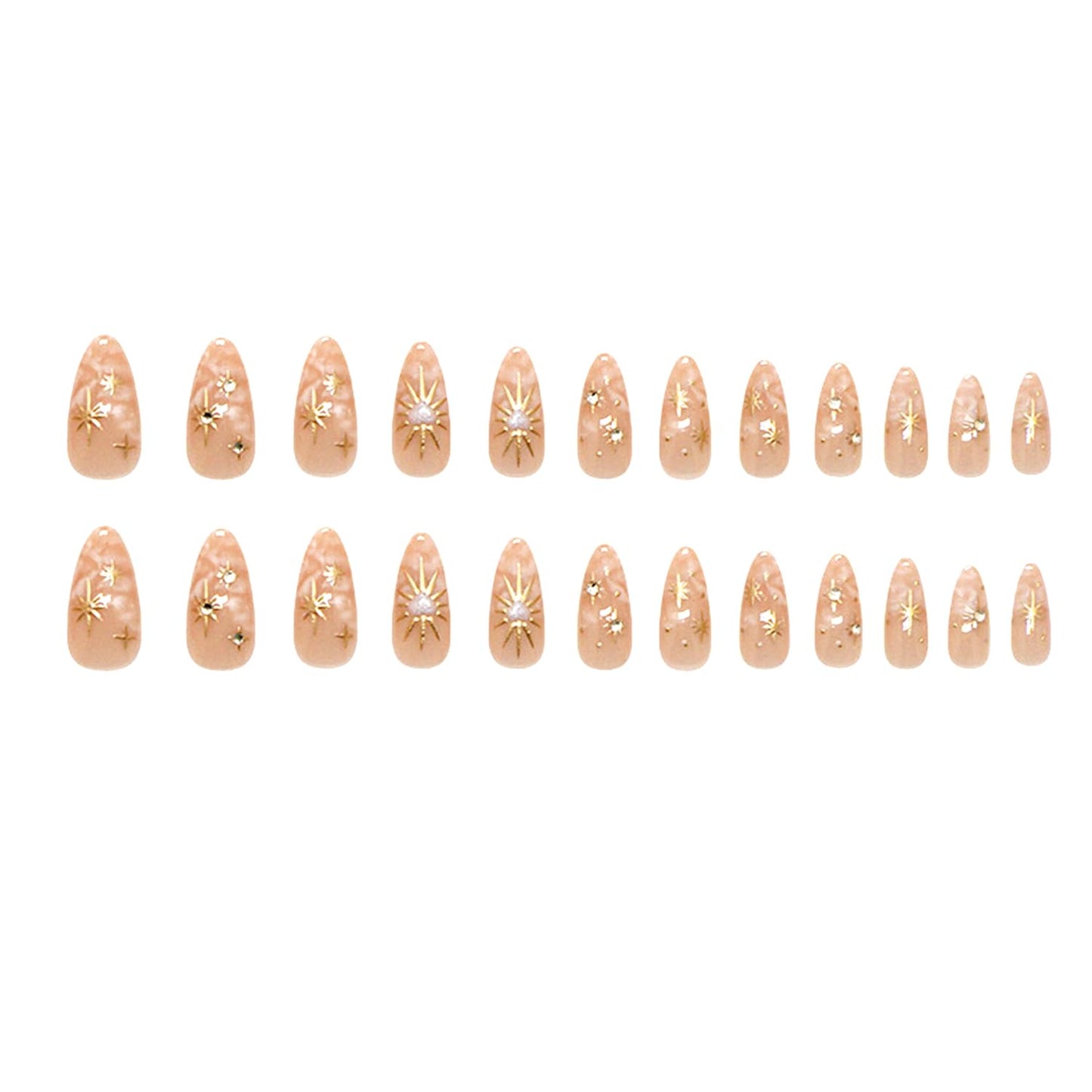 Gold Press on Nails Medium Almond Fake Nails with 3D Star Sun Heart Rhinestones Designs Gradient Glue on Nail Reusable Artificial Acrylic Full Cover Stick on False Nail for Women 24 Pcs