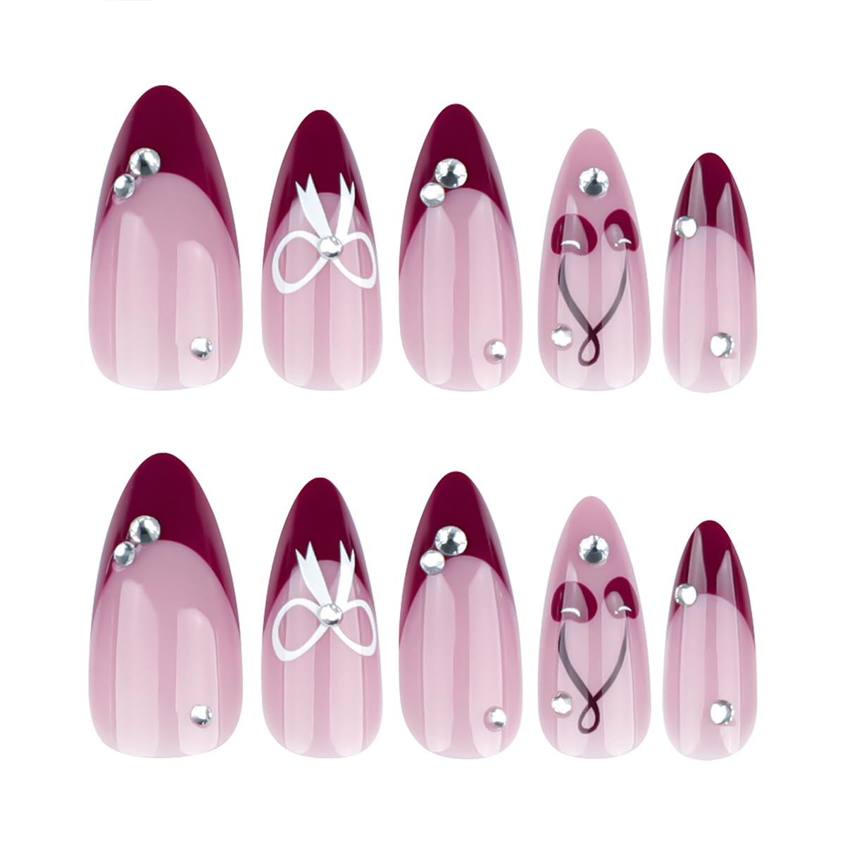 24Pcs Red French Tip Press on Nails Almond Medium Fake Nails with Sparkly Rhinestones Gems Designs Cherry Silver Bow Acrylic Nails Full Cover Glue on Nails for Women Manicure Accessories