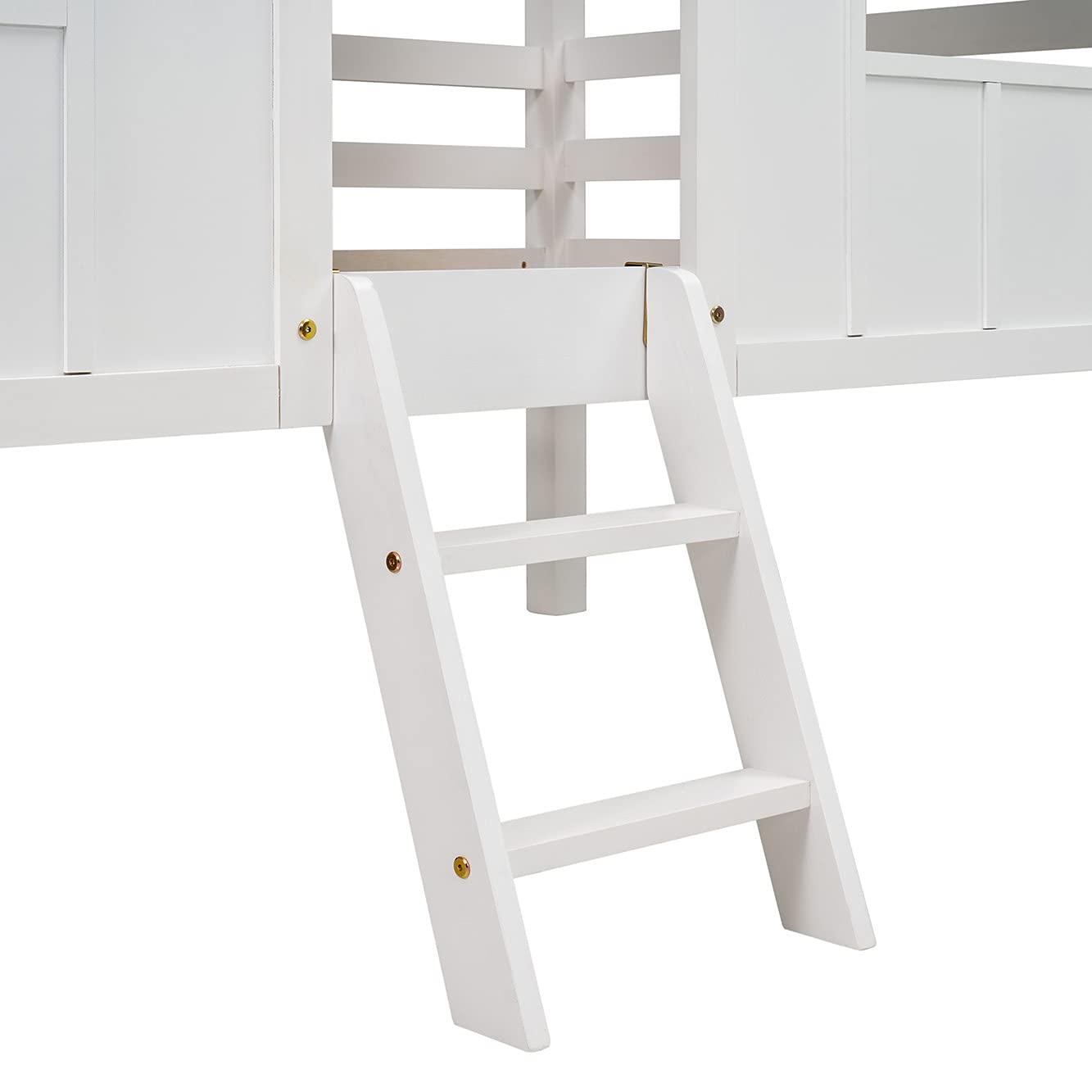 Twin Size Wooden House Bed with Ladder, Kids Low Loft Bed with Two Front Windows, White