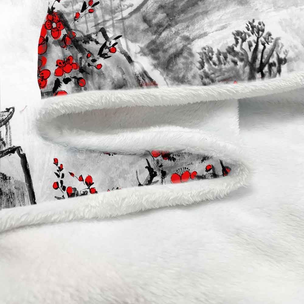 Japanese Blanket, Japanese Cherry Blossom Anime Blanket, Asian Ink Painting Asian Blankets, Red Plum Blossom & Mountain Landscape Soft Cozy Blankets for Couch, Bed, Office, Home Decor, 50X60 inch