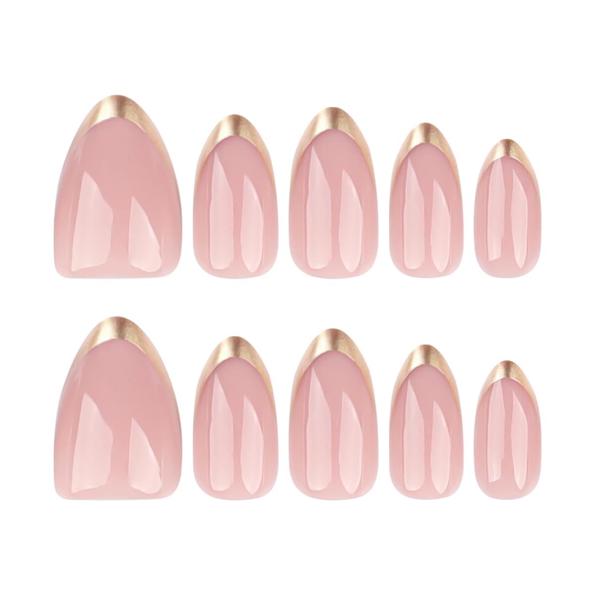 Mivota Almond Press On Nail Short, Pink Fake Nails with Elegantly Crafted Gold French Tips, Glossy Gel Finish, Thick Natural Reusable Glue On Nails Kit for Women 24Pcs, Golden Chic