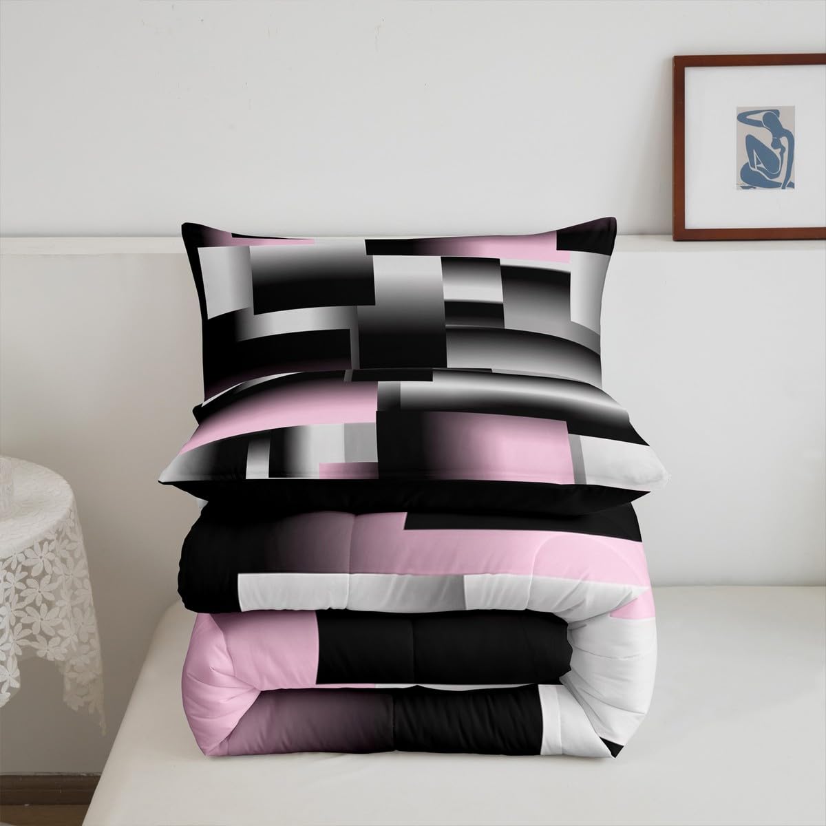 jejeloiu Modern Abstract Comforter Set Queen Size Pink Gray Black White Geometric Art Comforter Rectangle Room DecorBedding Set Quilt 3Pcs Duvet Set Boys
