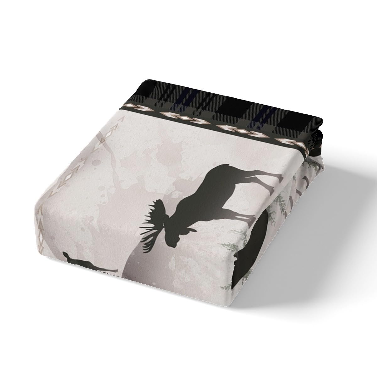 Cute Bear Deer Bed Sheets Full Size,Foggy Pine Tree Jungle Bedding Set 4Pcs,Hunting Animal Fitted Sheet for Kids Boys Woman Men Room Decor,Western Tribal Striped Top Flat Sheet,2 Pillowcases