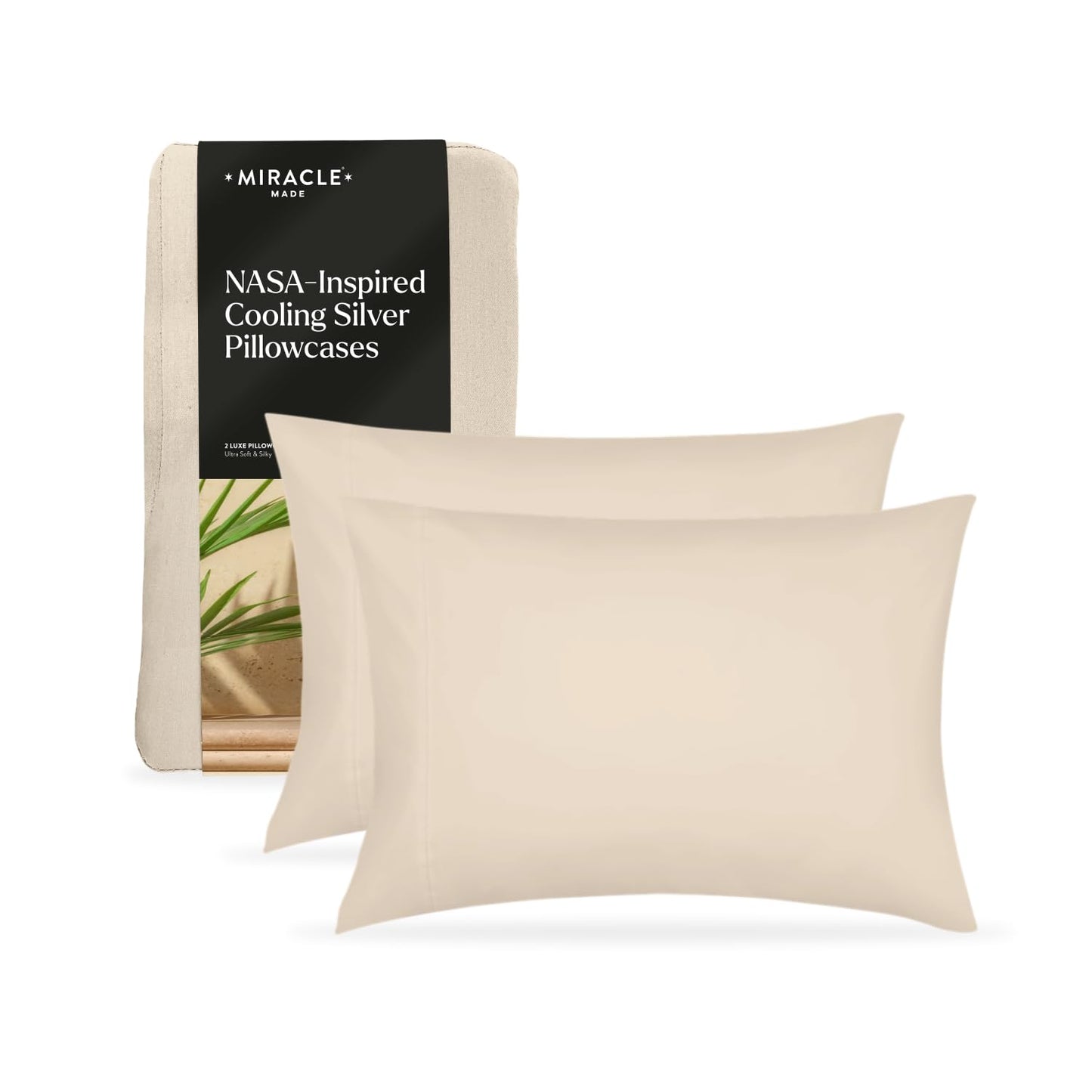 Miracle Made Soft, Breathable Cotton Pillowcase Set, 2-Piece – Silver-Treated, Cool-to-the-Touch Covers for a Fresher-Feeling Sleep Surface – Standard Size, Sand