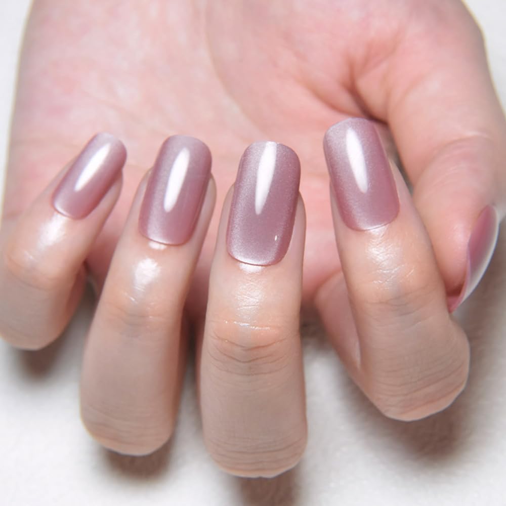 evpct Mauve Pink Cat Eye Press on Nails Medium Square No Glue, Medium Square Press Stick on Nails Chrome for Women Gift, Mauve Holographic Glitter Glossy Reusable Acrylic Fake Nail with Cateye Designs