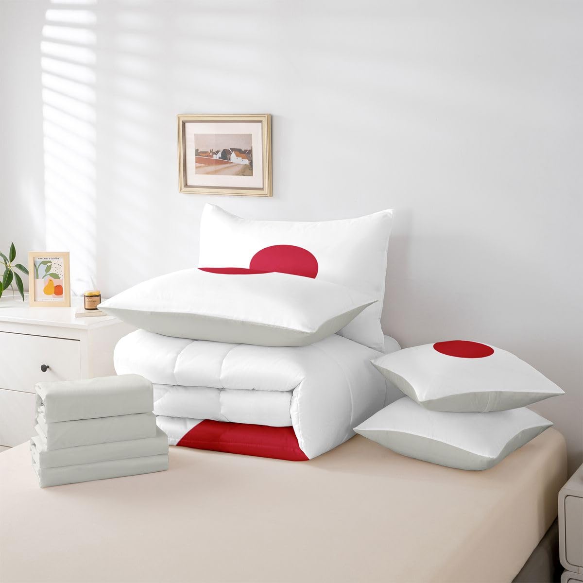 Feelyou Japanese Flag Comforter Set with Sheets 7 Piece King Size Japan Bed in a Bag Kids Boys Girls World Countries Bedding Set Bedroom Decor Breathable Soft Lightweight Microfiber