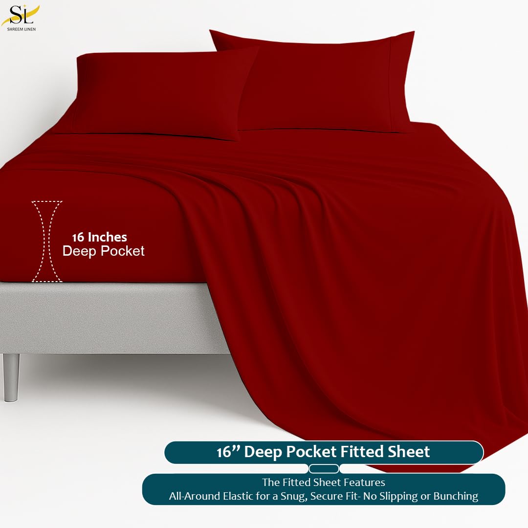 King Sheet Set - 4 Piece Ultra Soft Brushed Microfiber Bed Sheets - 15" Deep Pockets, Wrinkle-Free & Breathable for a Secure Fit Sheets & Pillowcases (King, Burgundy)